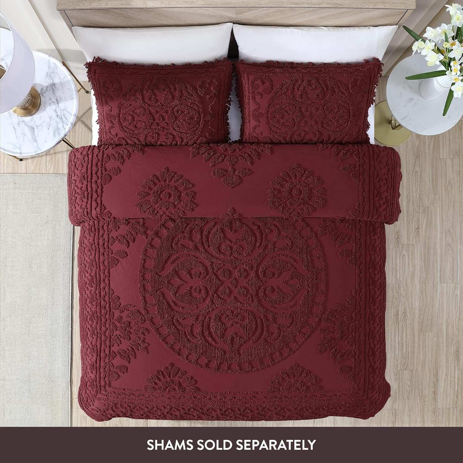 Beatrice Home Fashions Medallion Chenille Bedspread Queen Burgundy 1
