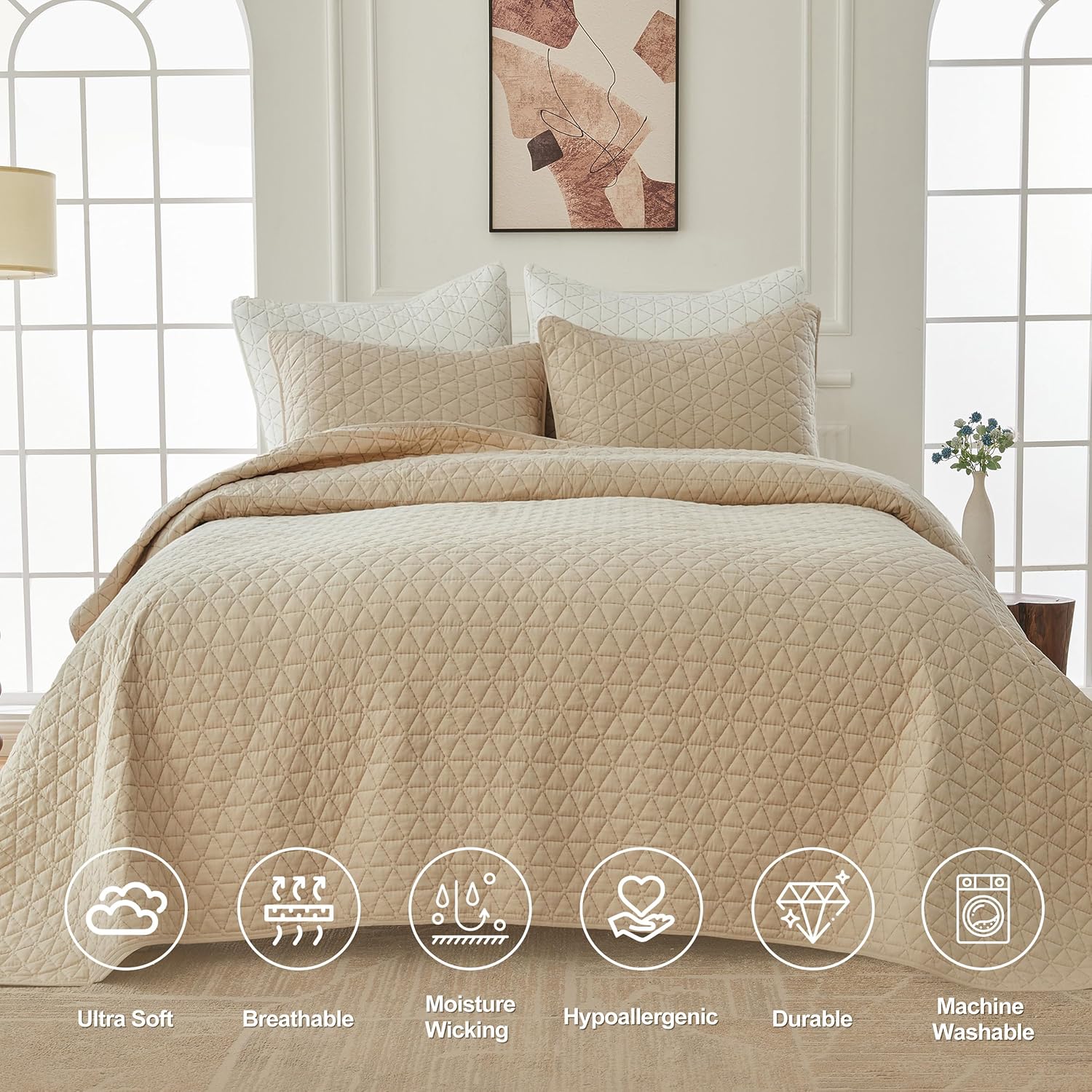 SimpleOpulence Cotton Quilt Set Queen Size Khaki 3-Piece