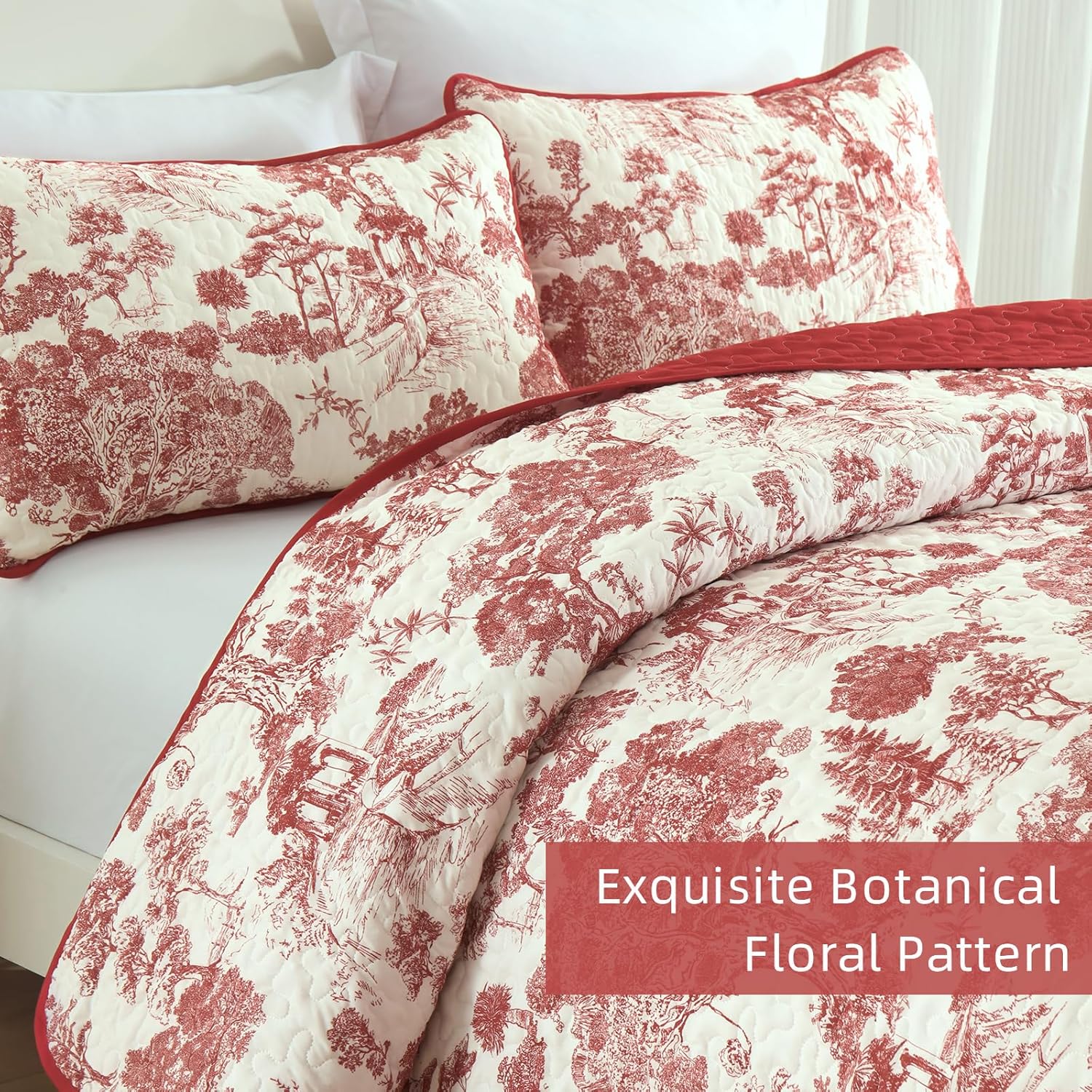 Wongs Bedding Botanical Quilt Set Queen Size Red 3 Pieces