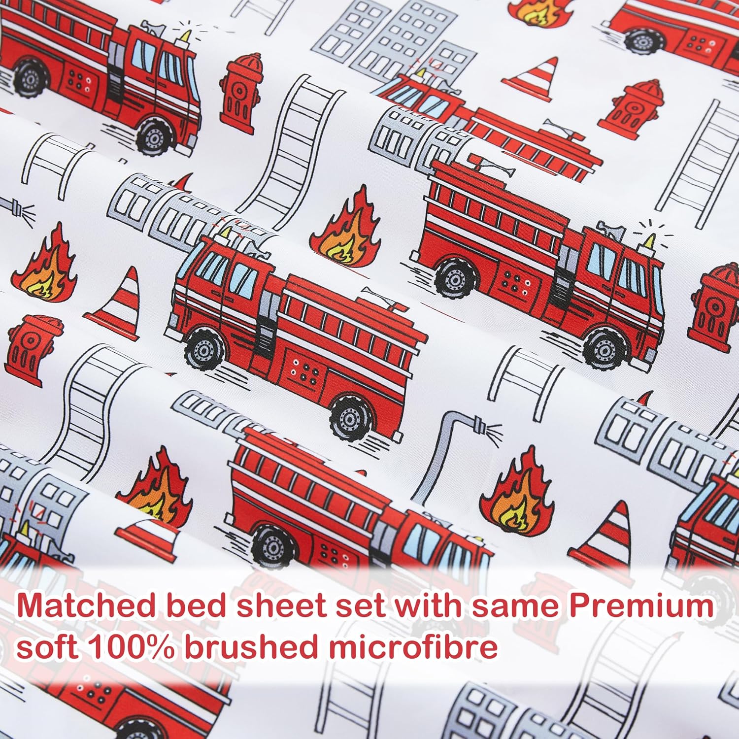 3 Piece Fire Engine Print Twin Bed Sheet Set for Kids