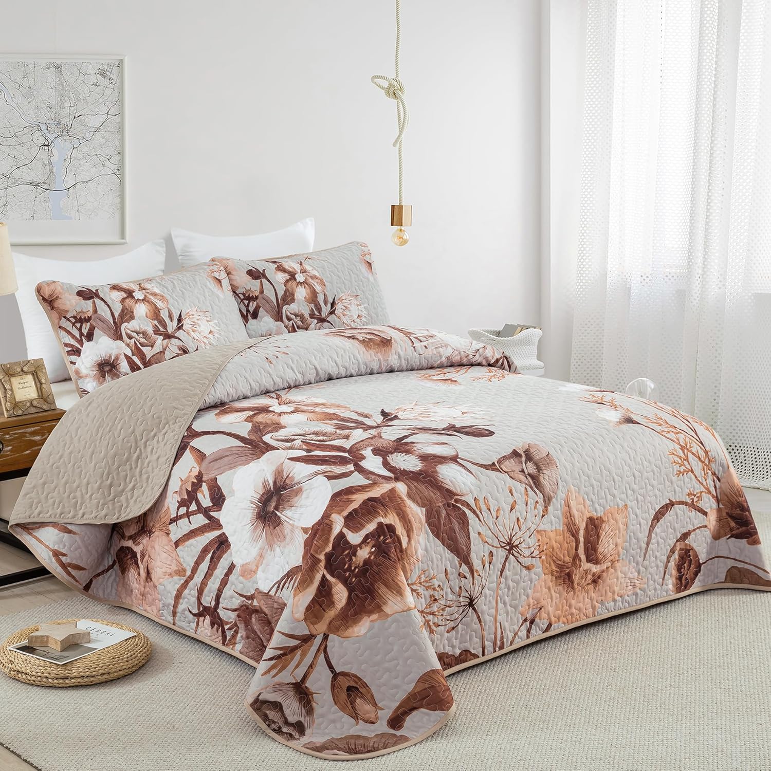 Drucon Boho Floral Quilt Set Queen 3 Piece