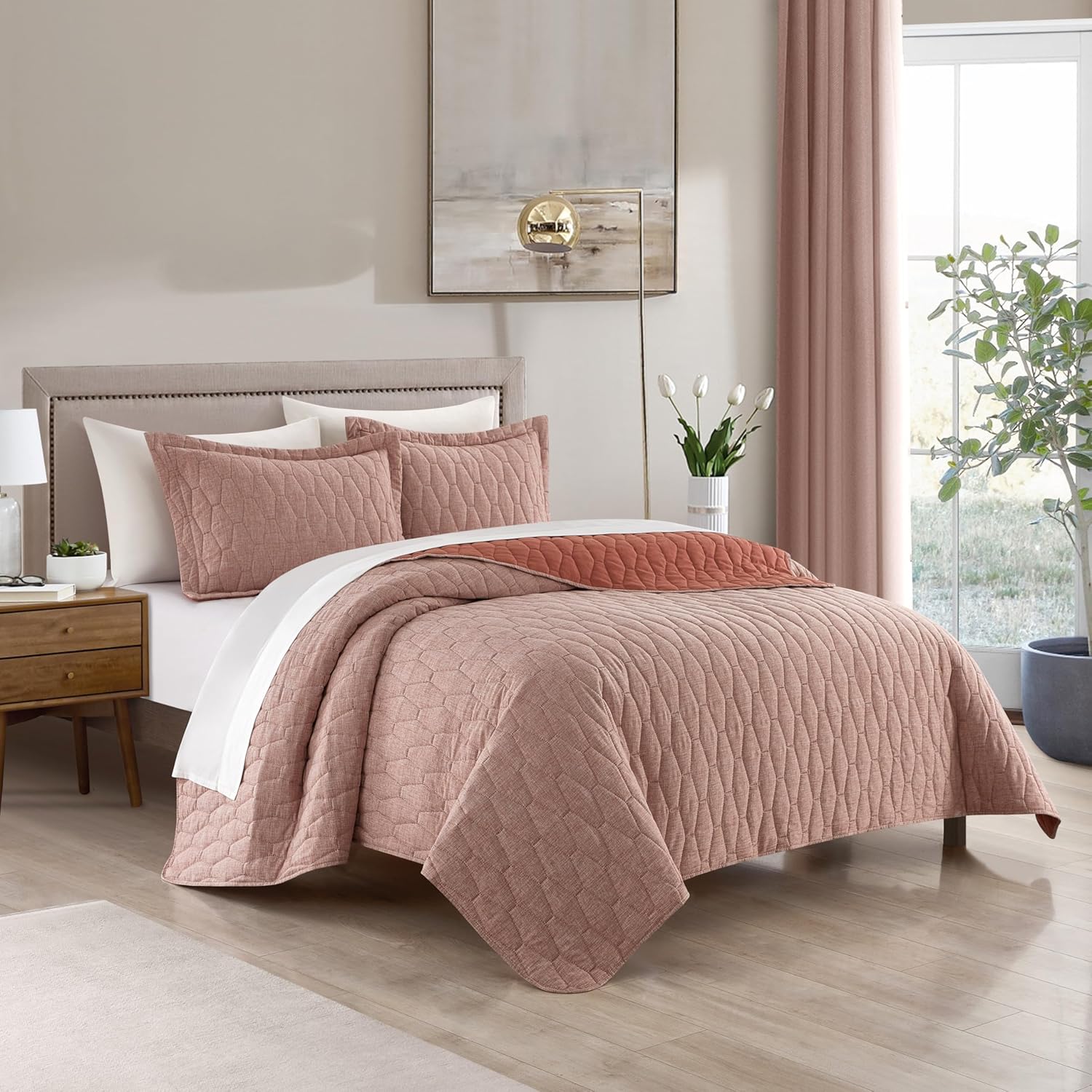 Chic Home Nyla 3-Piece Queen Quilt Set - Brick Red Hexagon Pattern