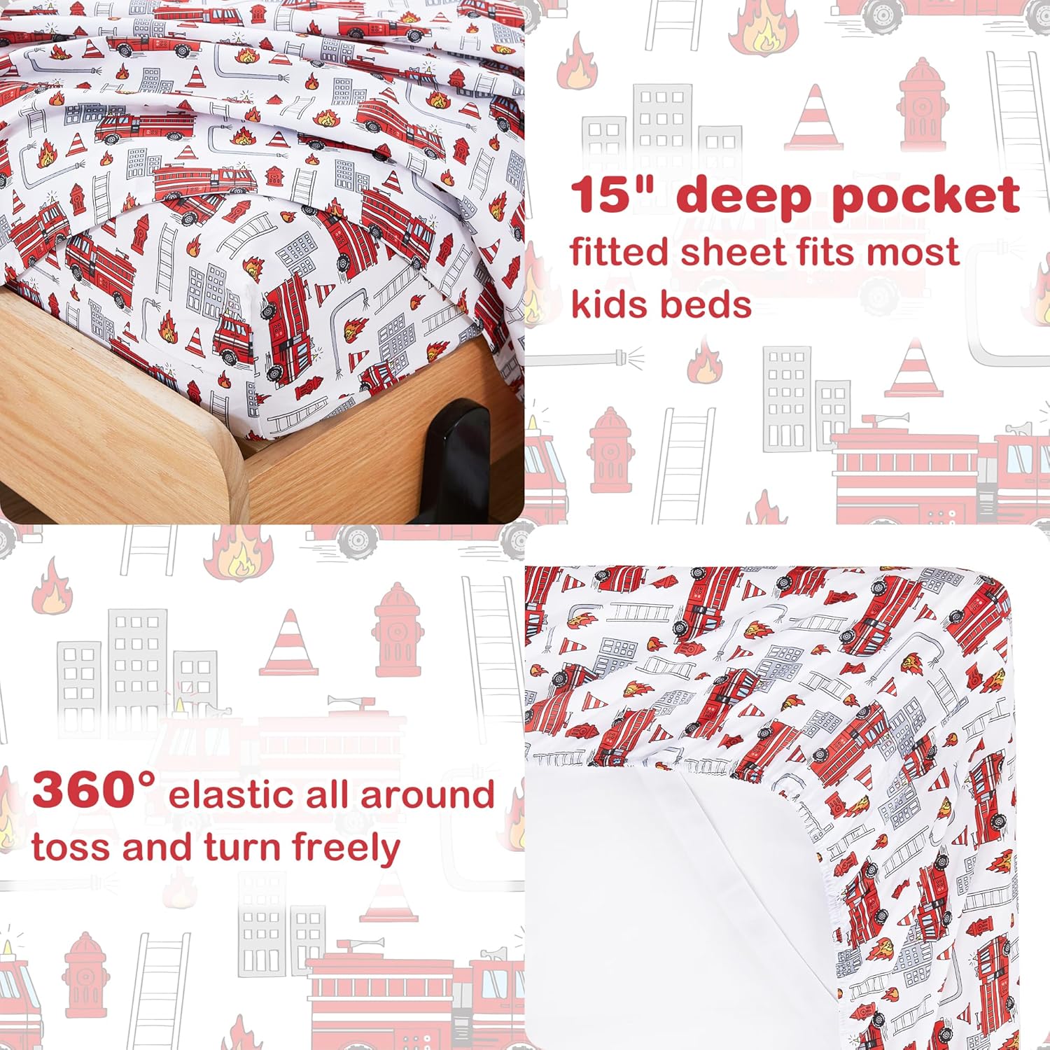 3 Piece Fire Engine Print Twin Bed Sheet Set for Kids