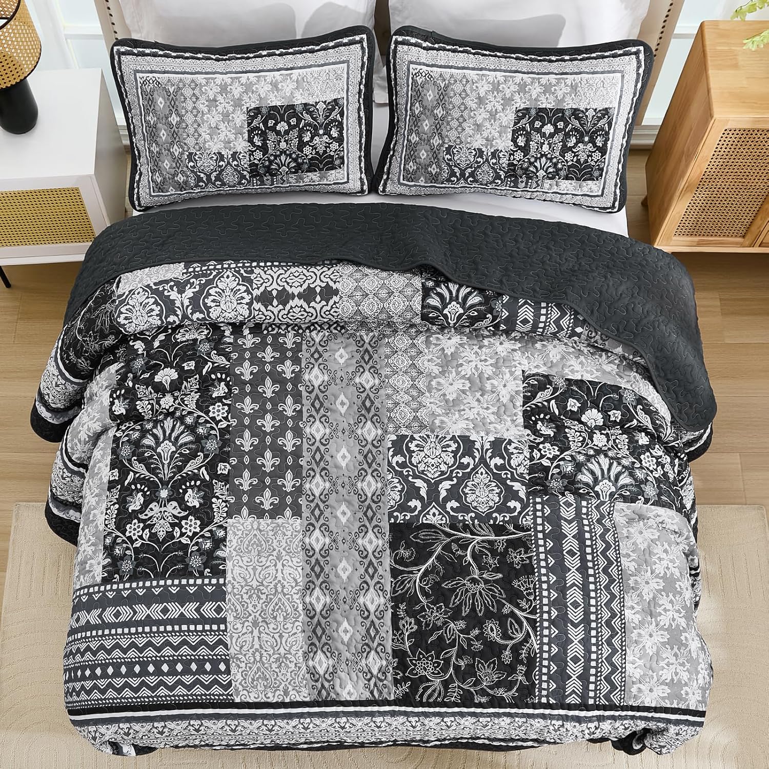 WONGS BEDDING Black Quilt Set King Size 3 Pieces