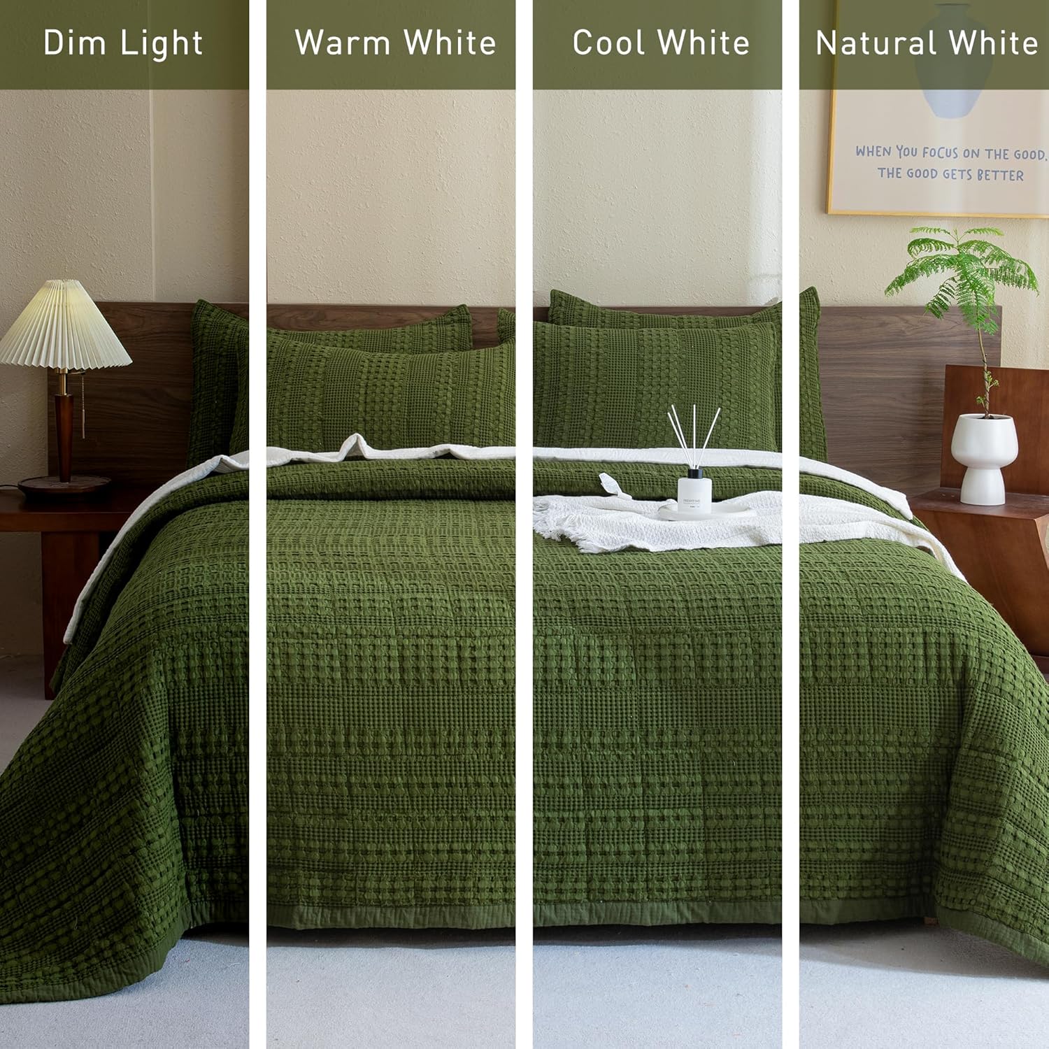 CozyTide Queen Quilt Set 3 Pieces Olive Green Waffle Weave
