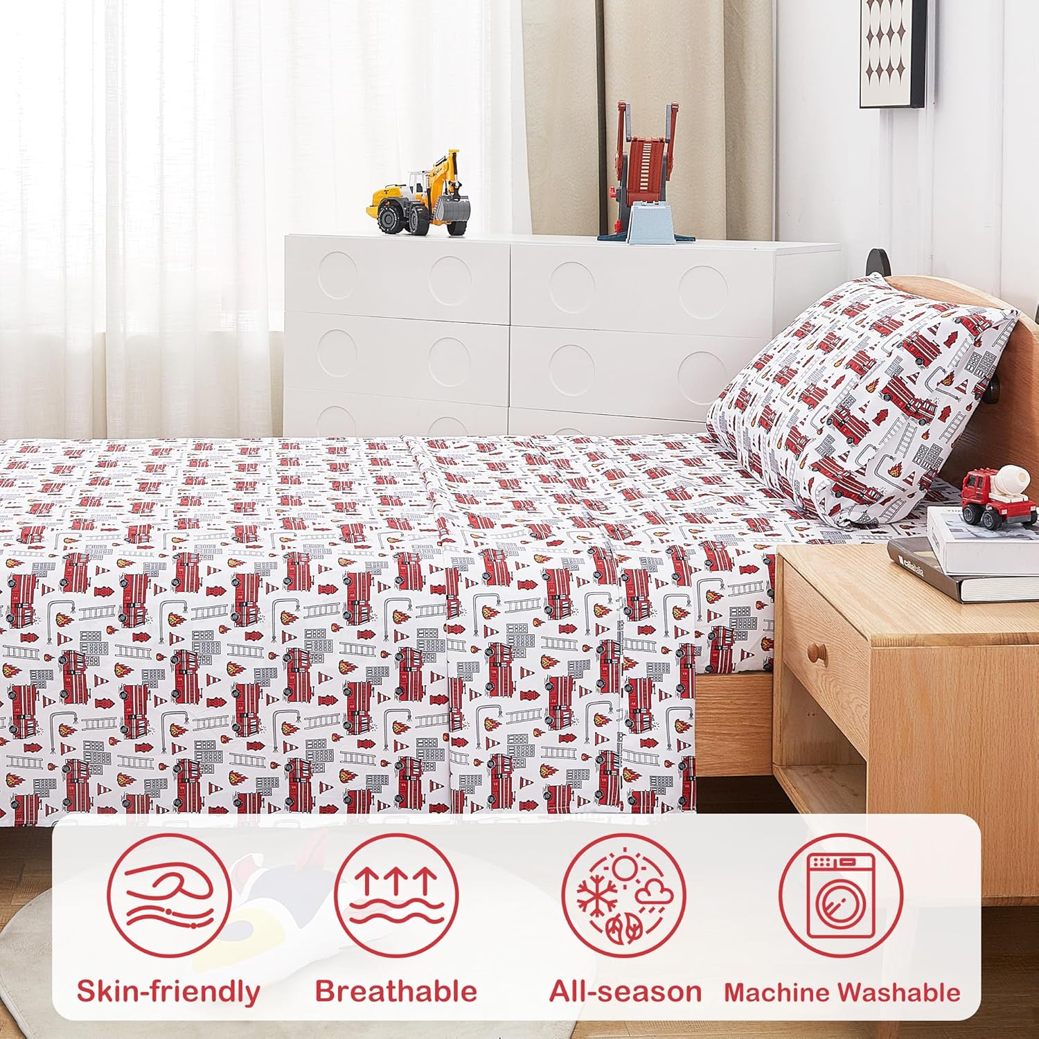 3 Piece Fire Engine Print Twin Bed Sheet Set for Kids