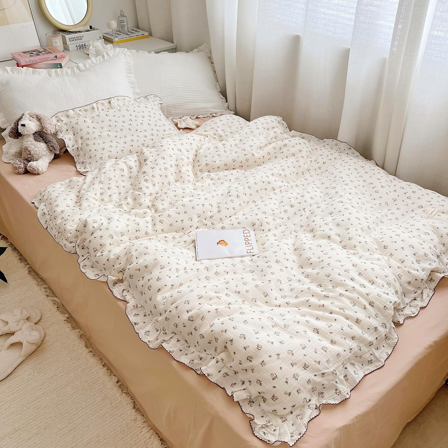 AOJIM Muslin Duvet Cover 47X59 with Ruffled Edges Rose Pattern 2-Layer Gauze