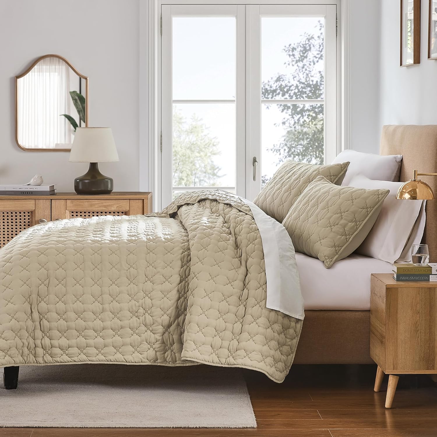 HomeSerene Beige King Quilt Set with 2 Shams