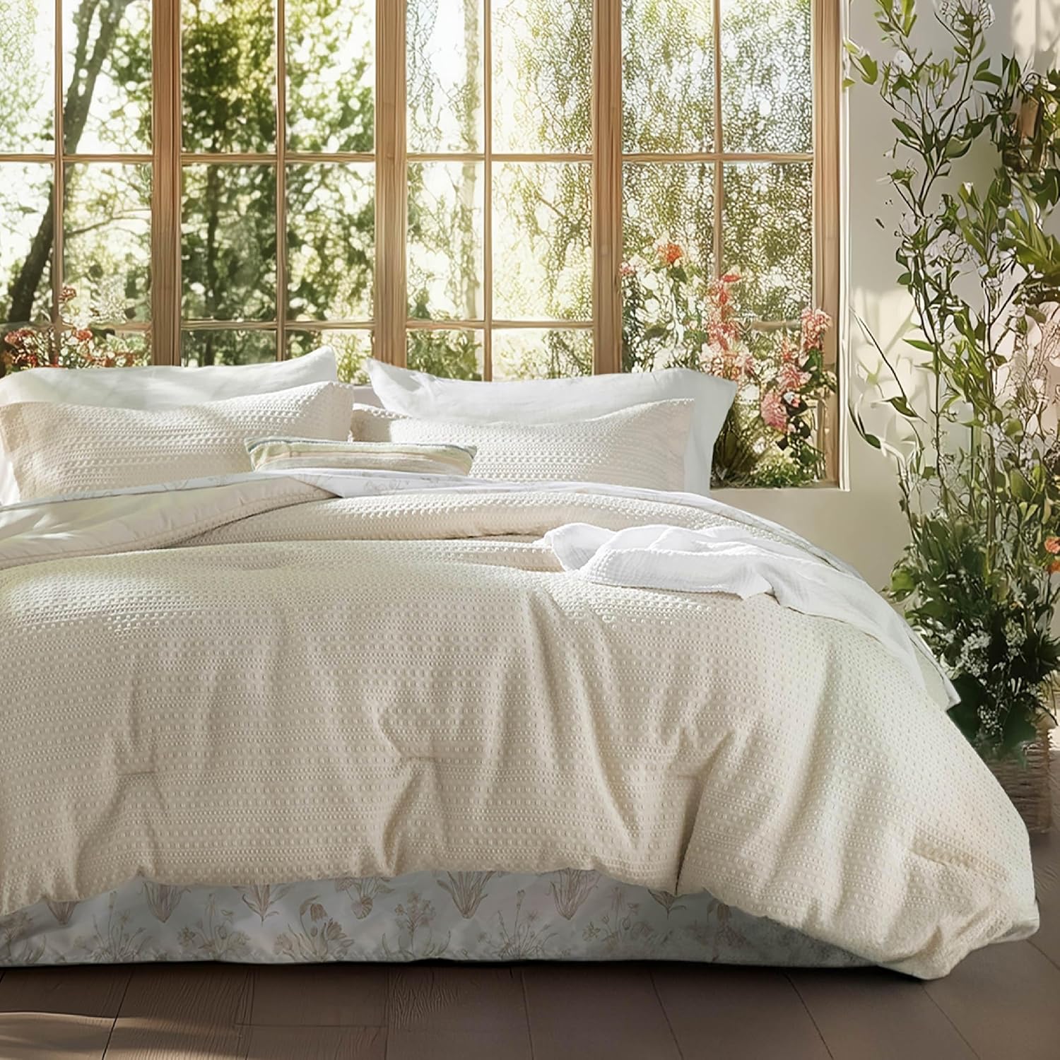 Bedsure King Comforter Set - Beige Floral 4-Piece Waffle Bedding