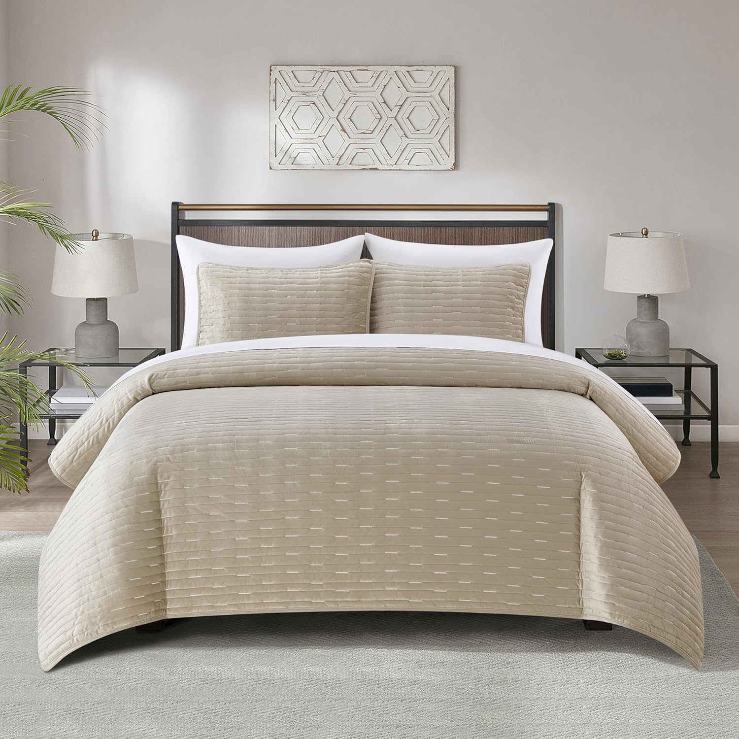 Chic Home Castiel Queen 3-Piece Velvet Quilt Set - Beige