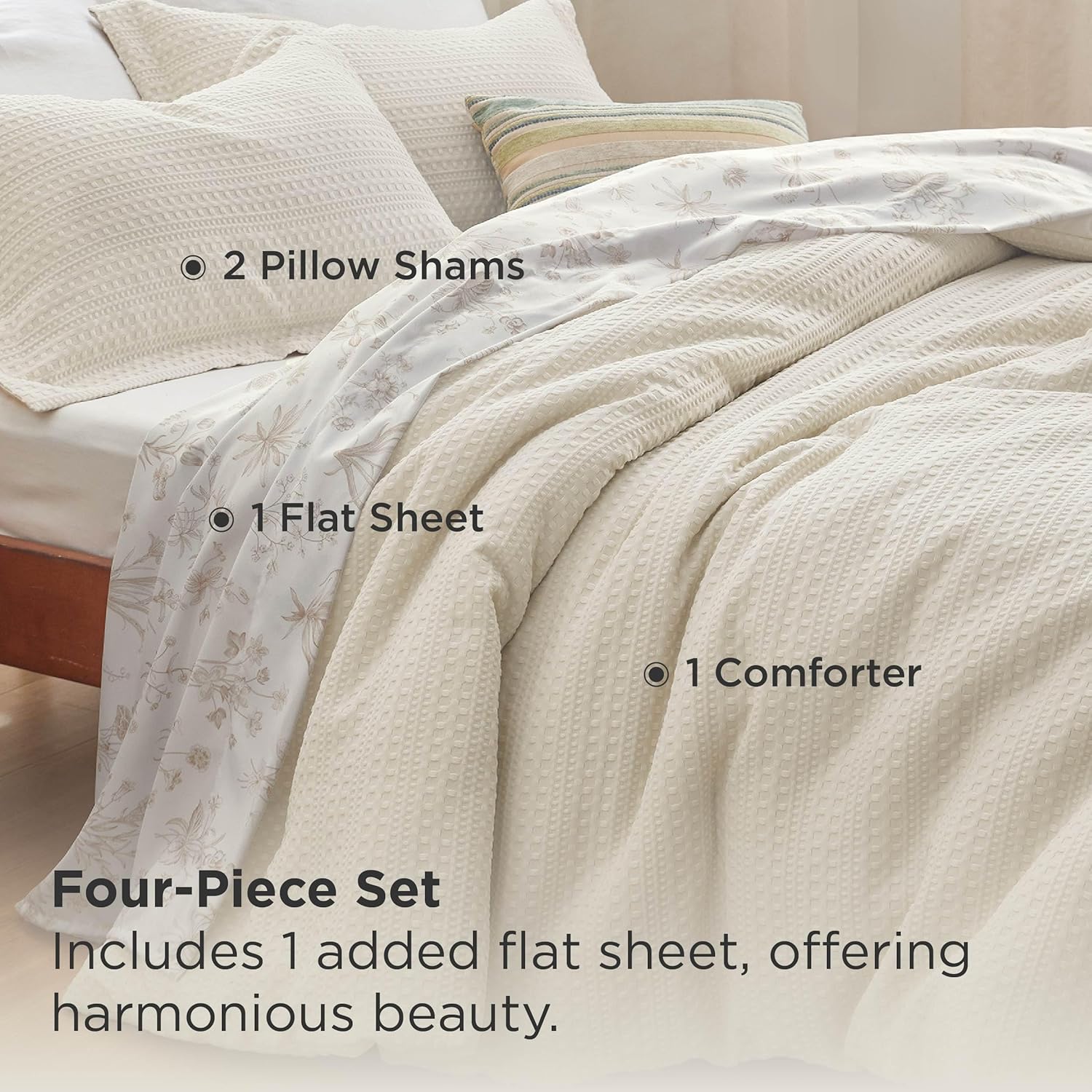 Bedsure King Comforter Set - Beige Floral 4-Piece Waffle Bedding