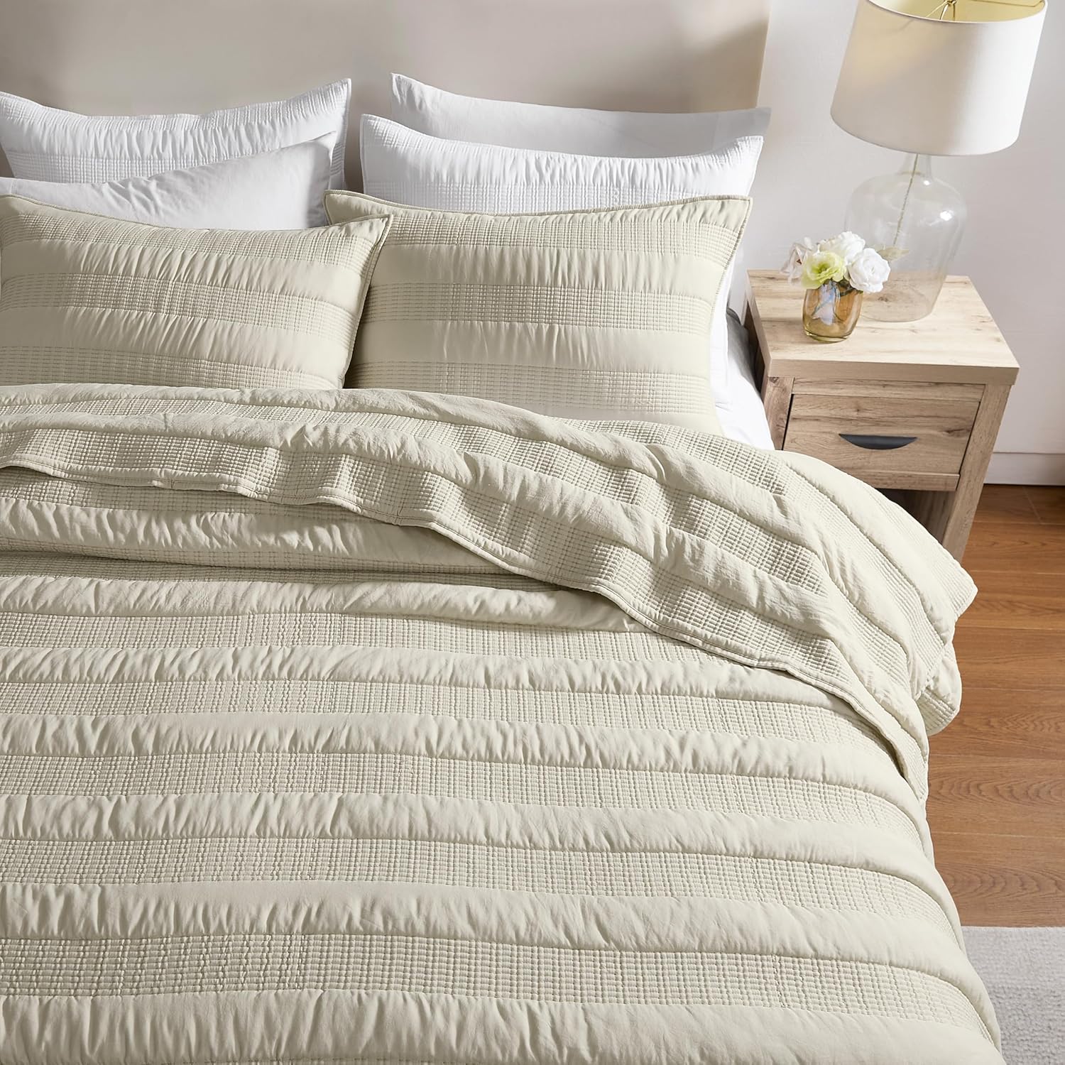 HomeSerene Beige Striped King Quilt Set