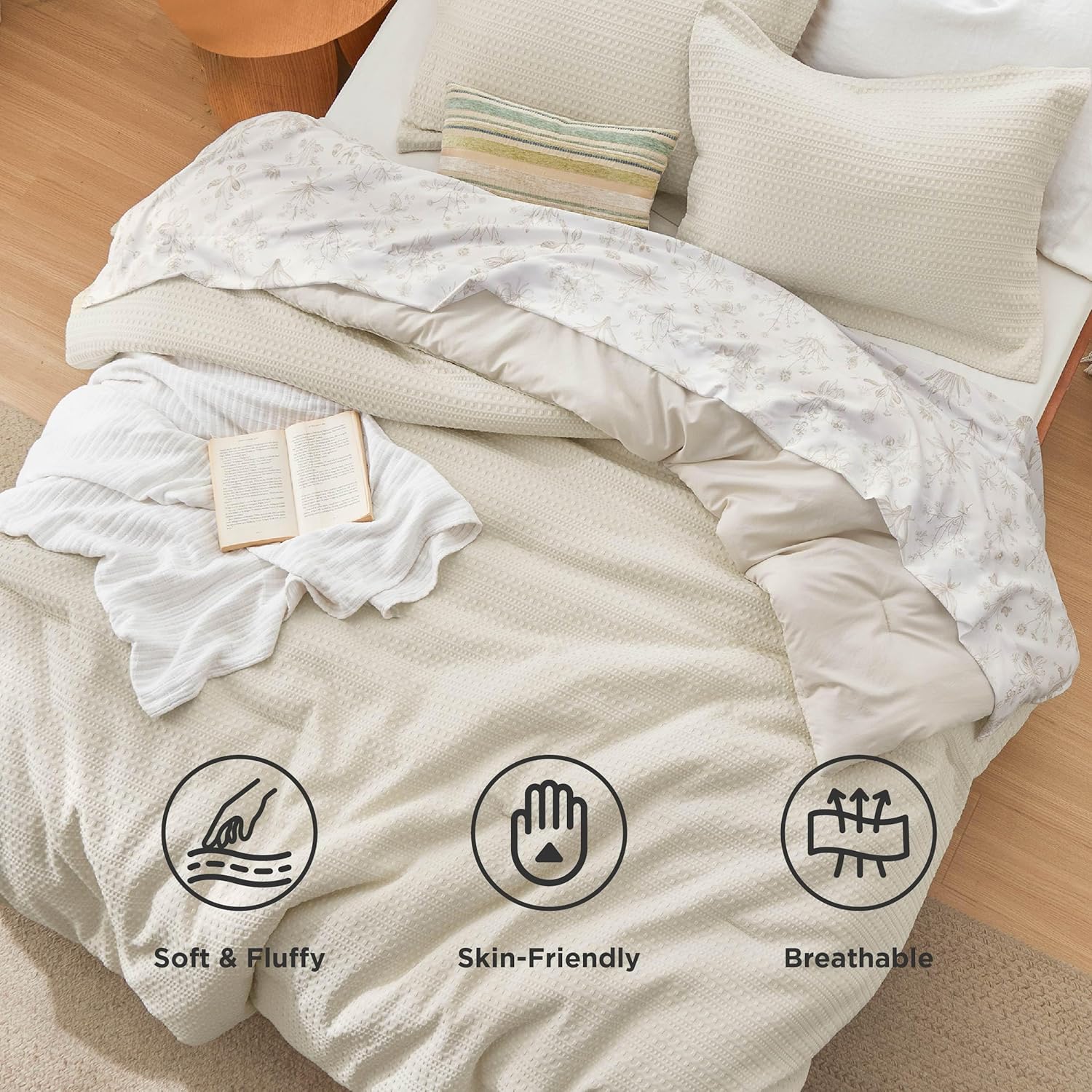 Bedsure King Comforter Set - Beige Floral 4-Piece Waffle Bedding