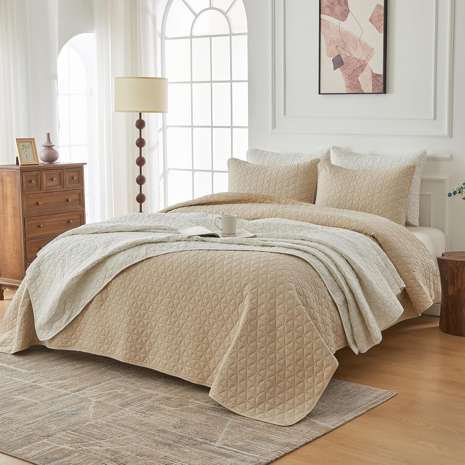 SimpleOpulence Cotton Quilt Set Queen Size Khaki 3-Piece
