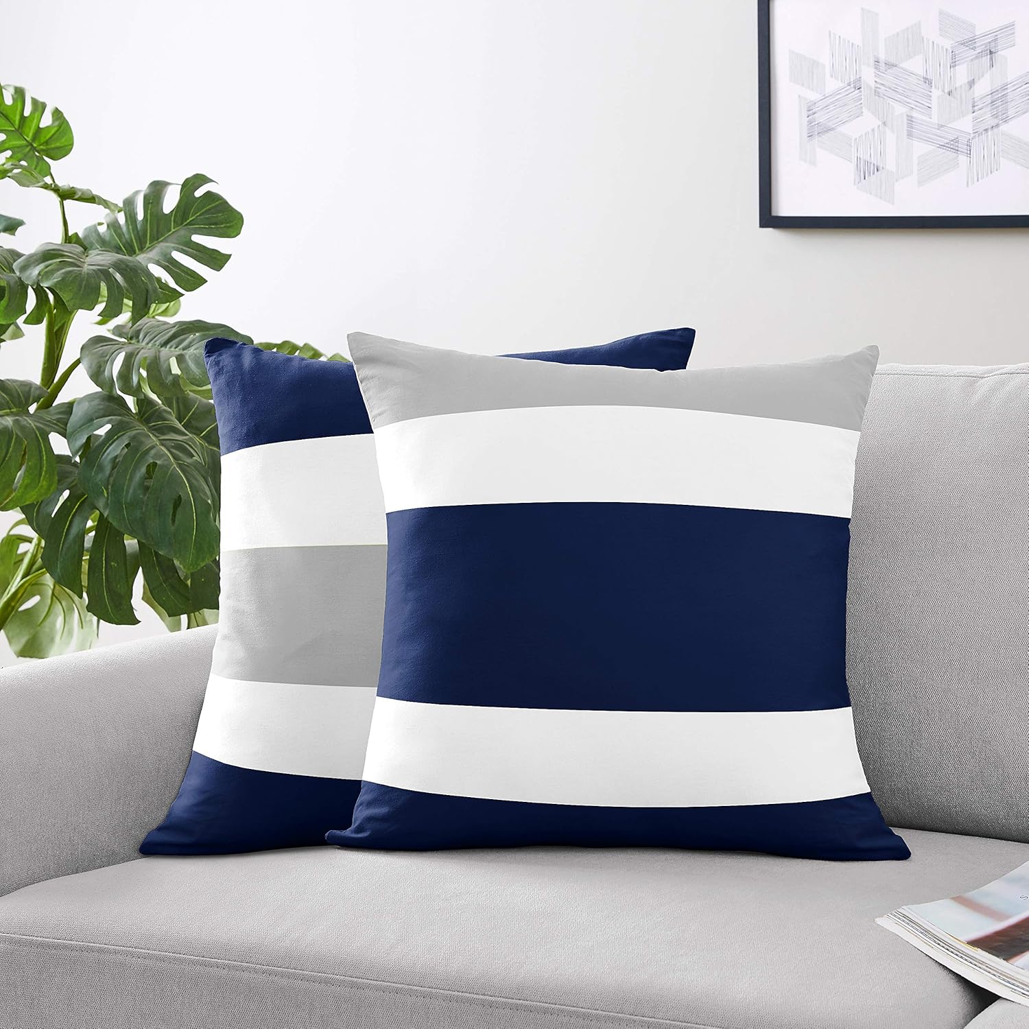 Navy and Grey Stripe Unisex Throw Pillow Covers Set of 2 18x18