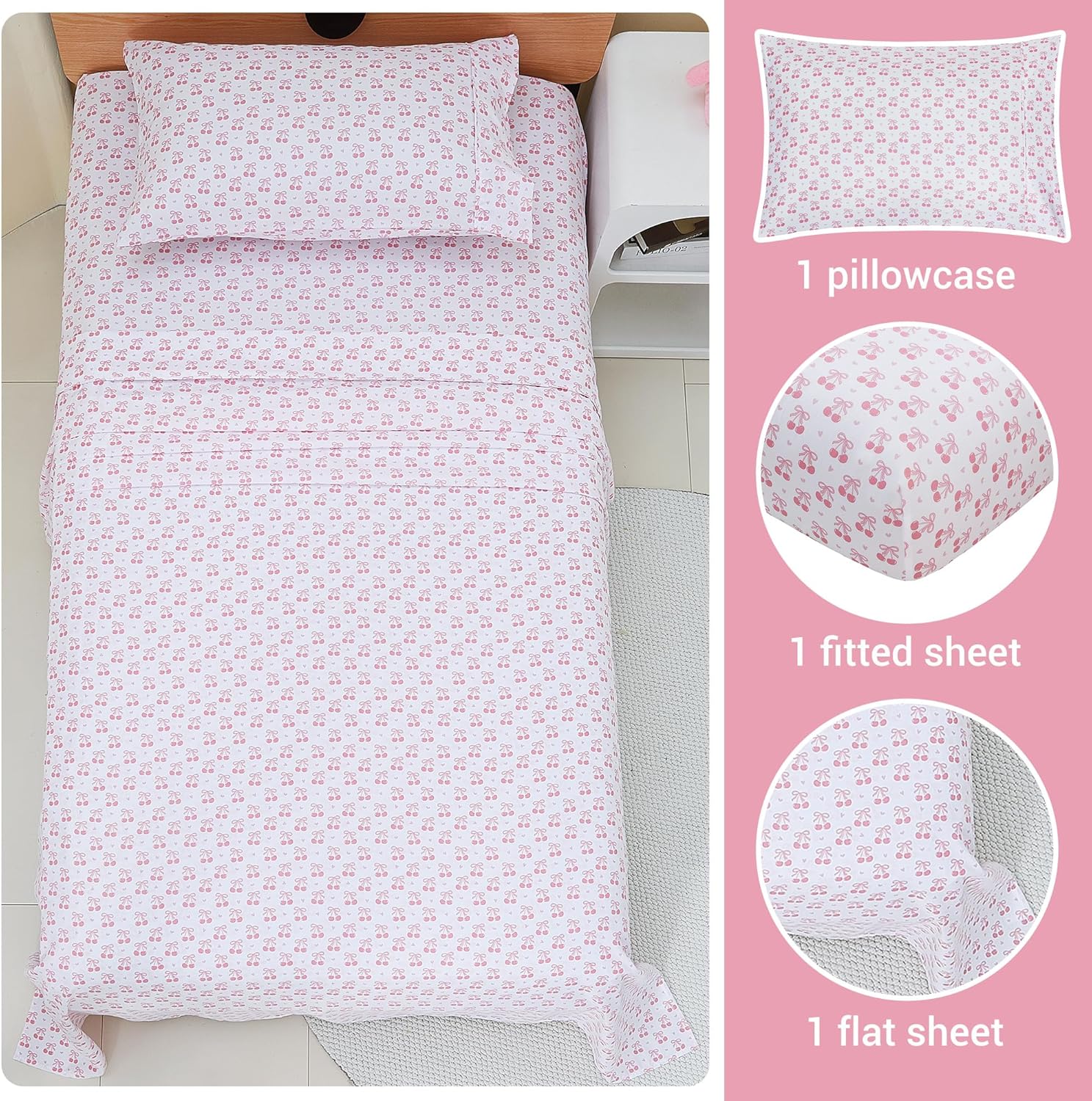 Viviland 3-Piece Pink Cherry Bow Twin Sheet Set