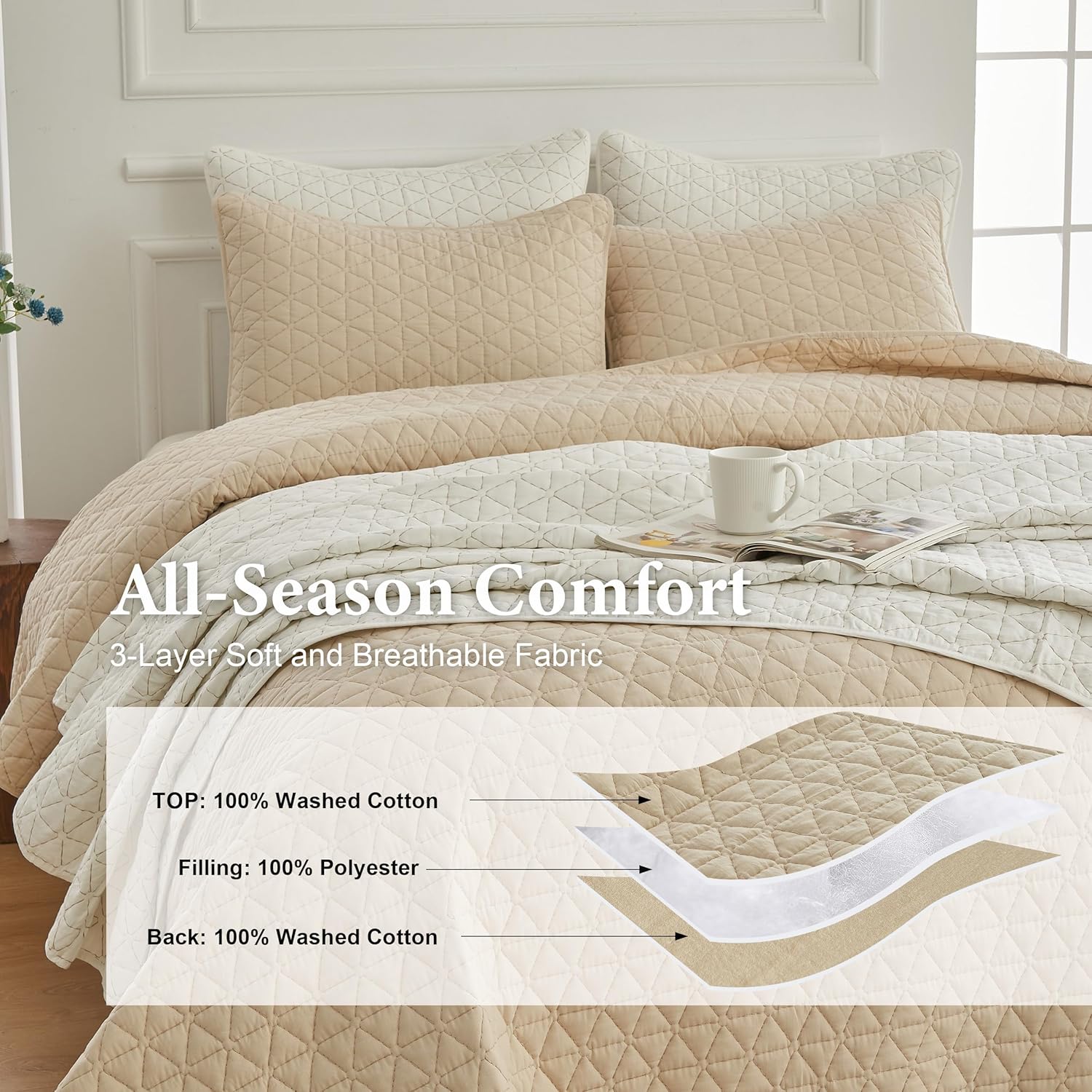 SimpleOpulence Cotton Quilt Set Queen Size Khaki 3-Piece