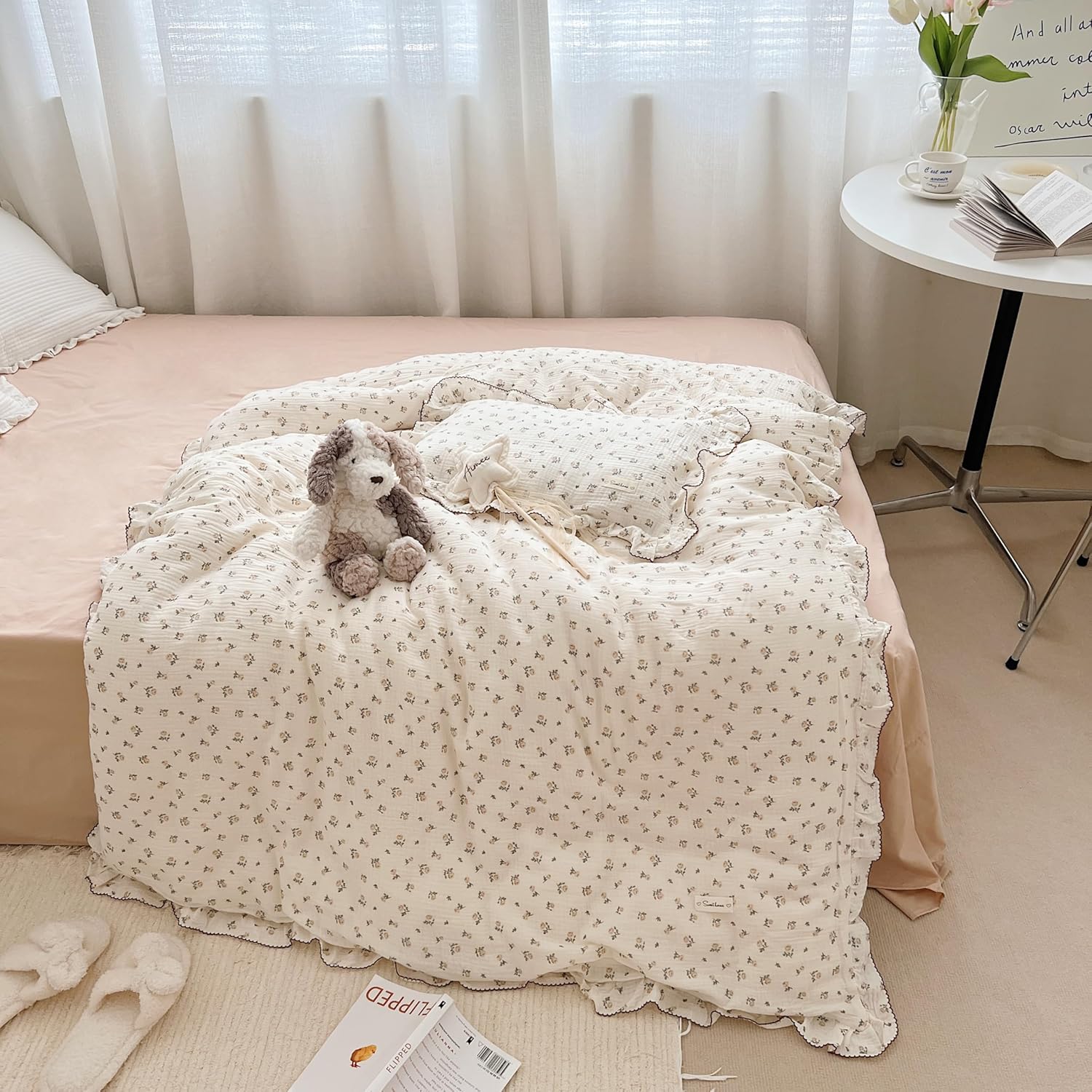 AOJIM Muslin Duvet Cover 47X59 with Ruffled Edges Rose Pattern 2-Layer Gauze