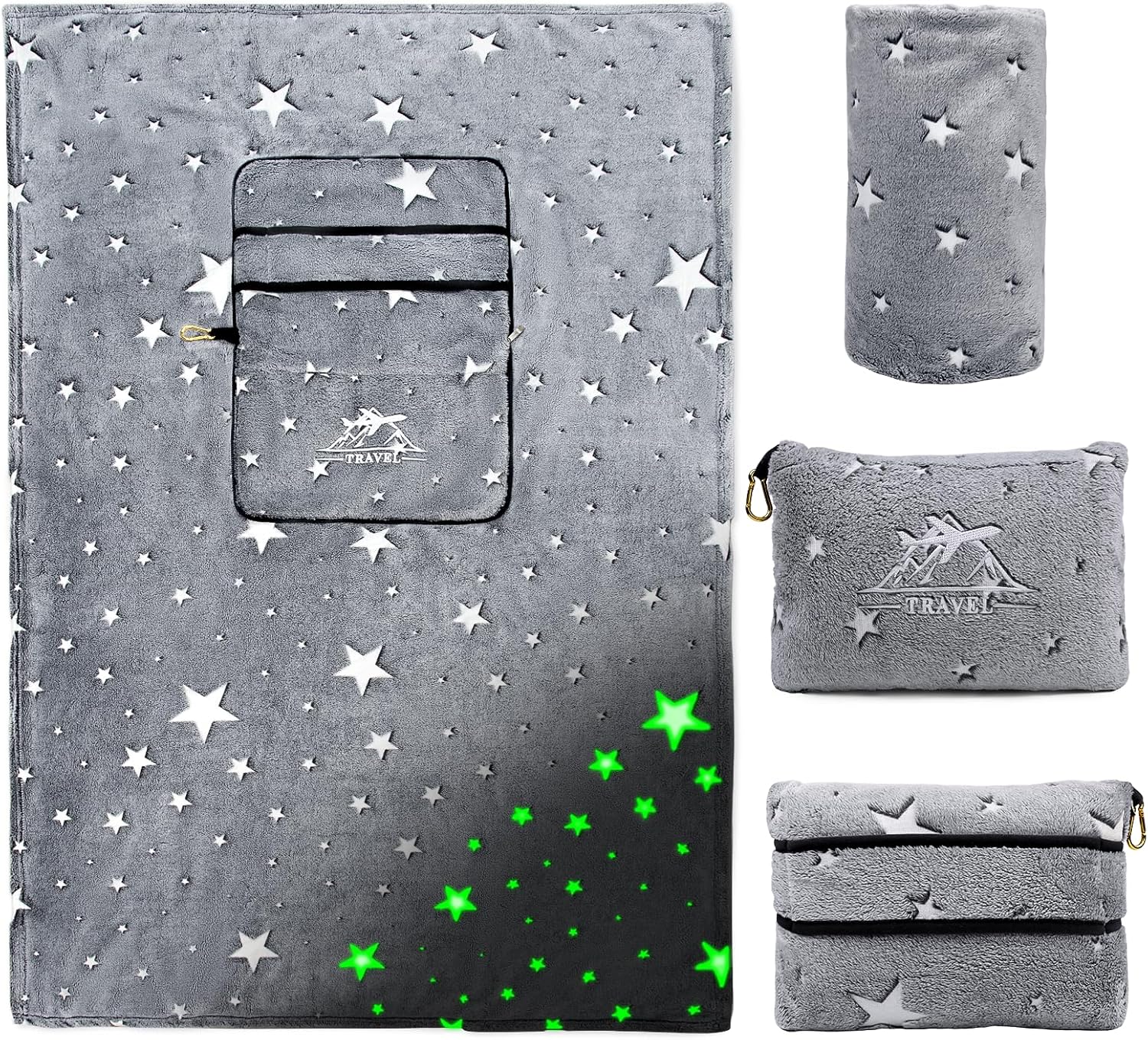 HWING Travel Blanket with Bag - Glow in The Dark Stars Pillow Set