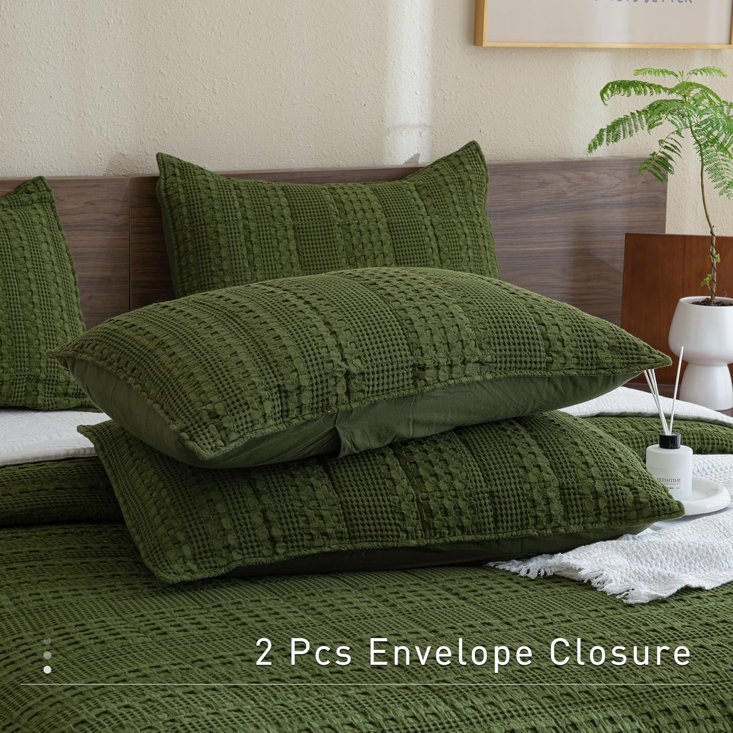 CozyTide Queen Quilt Set 3 Pieces Olive Green Waffle Weave
