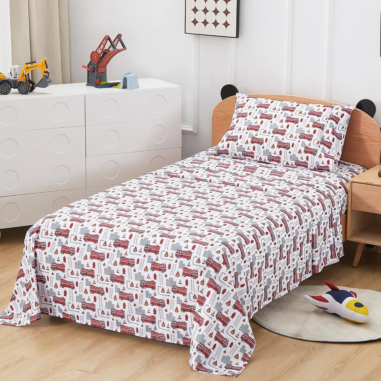 3 Piece Fire Engine Print Twin Bed Sheet Set for Kids