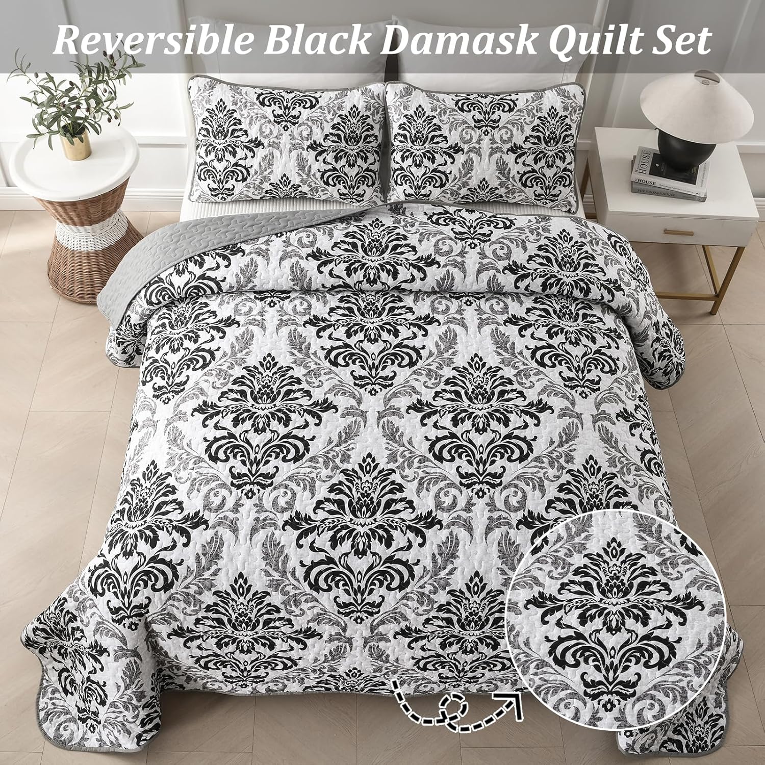 Drucon Black Quilt Set Queen Size 3 Pieces Boho Damask