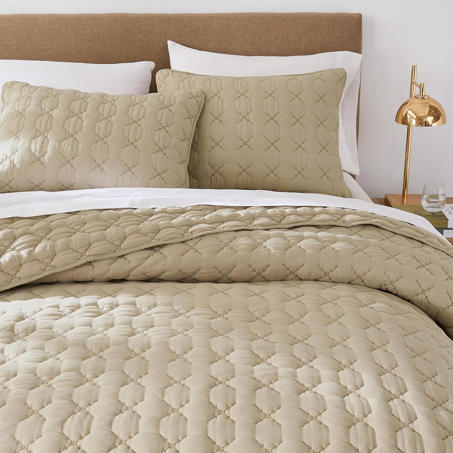 HomeSerene Beige King Quilt Set with 2 Shams