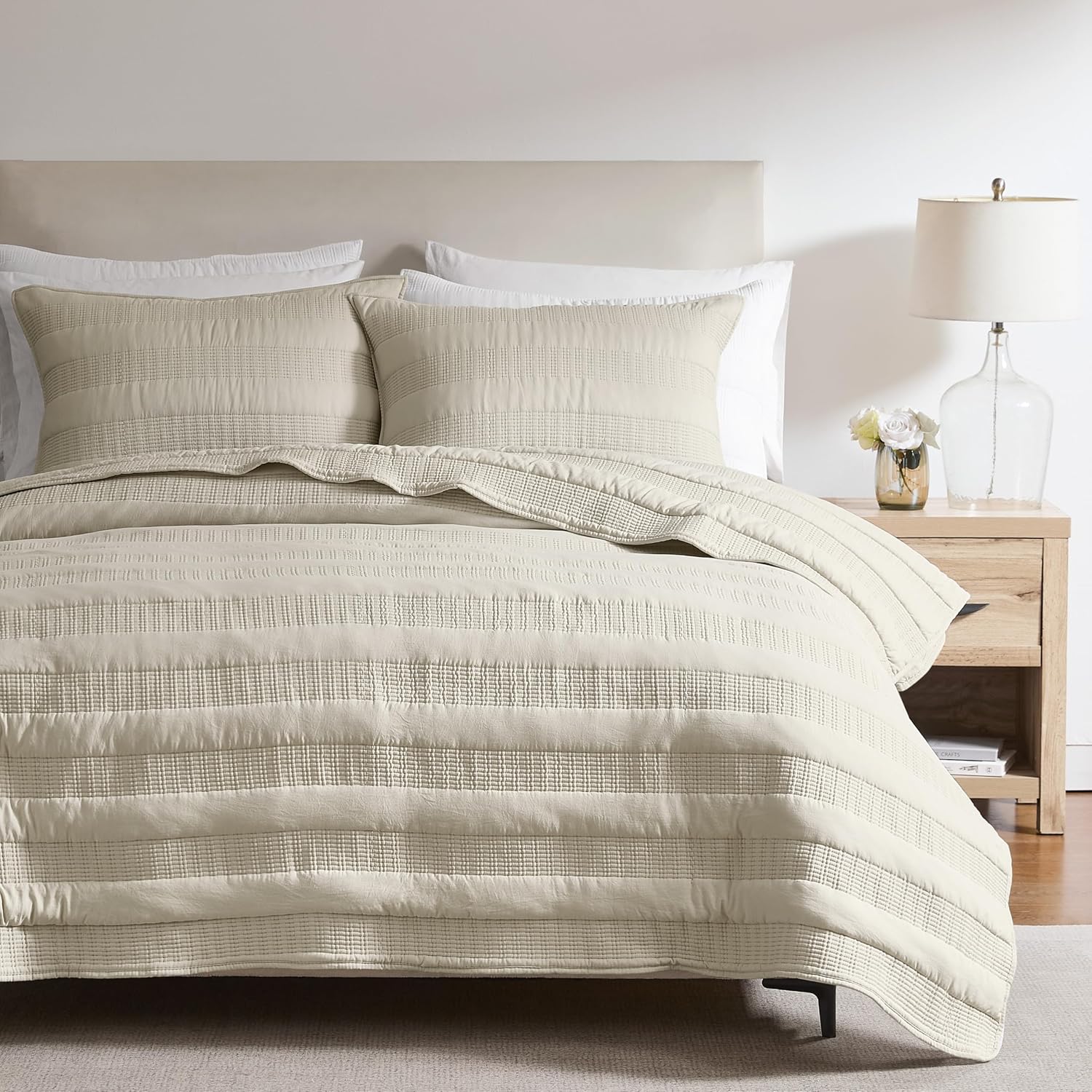 HomeSerene Beige Striped King Quilt Set