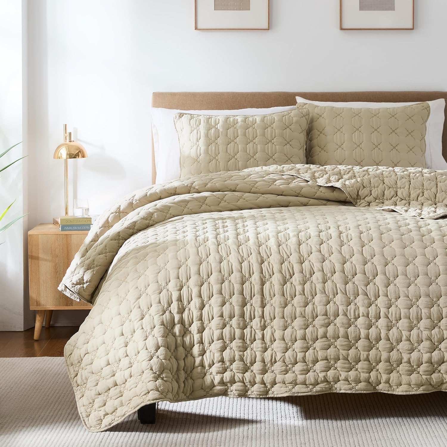 HomeSerene Beige King Quilt Set with 2 Shams