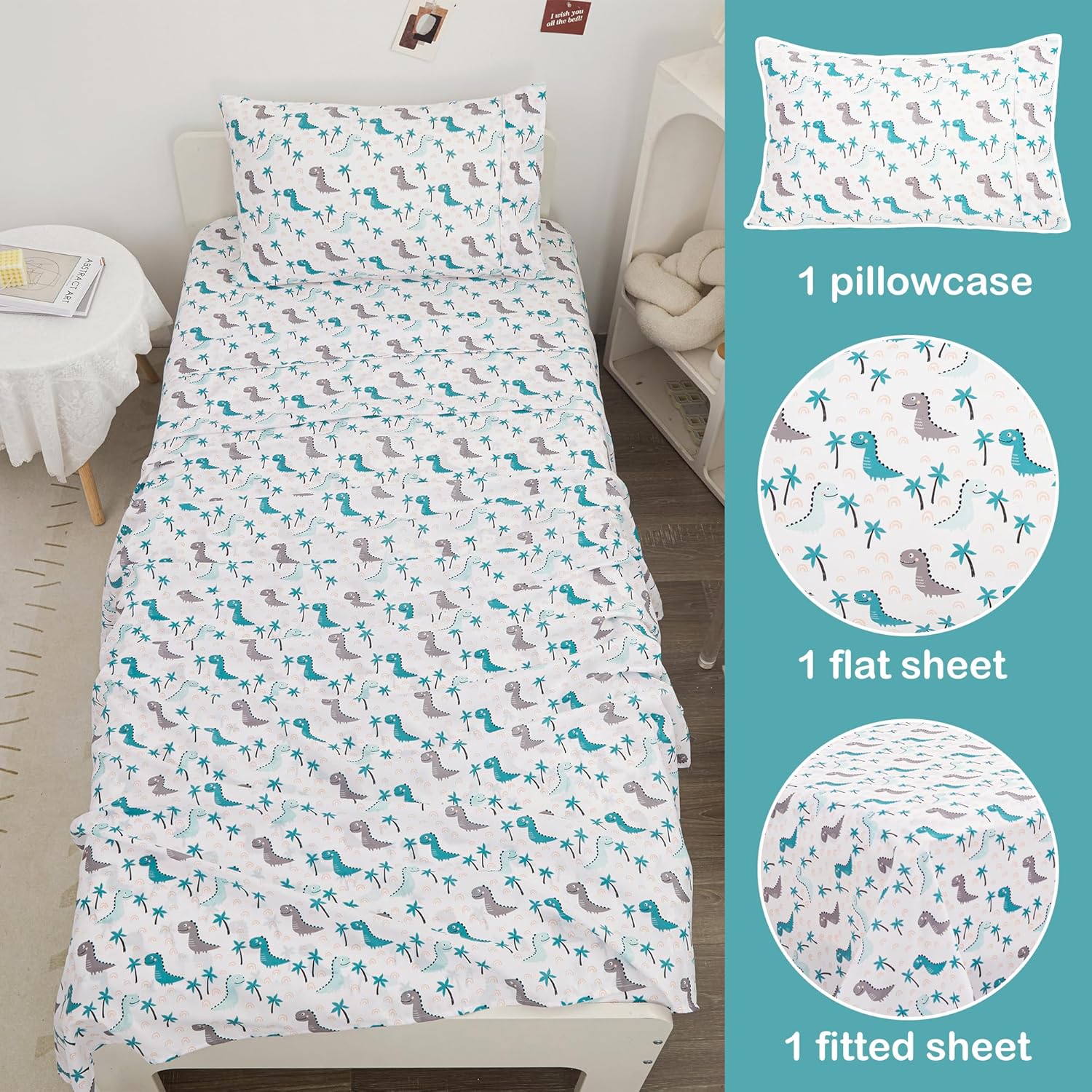 Viviland 3-Piece Kids Twin Bedding Set - Teal Grey Dinosaur Microfiber Sheets Pillowcases