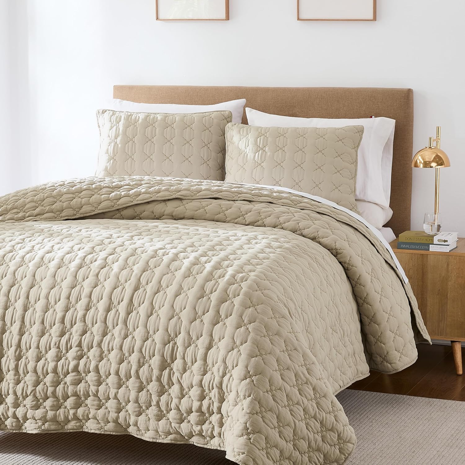 HomeSerene Beige King Quilt Set with 2 Shams