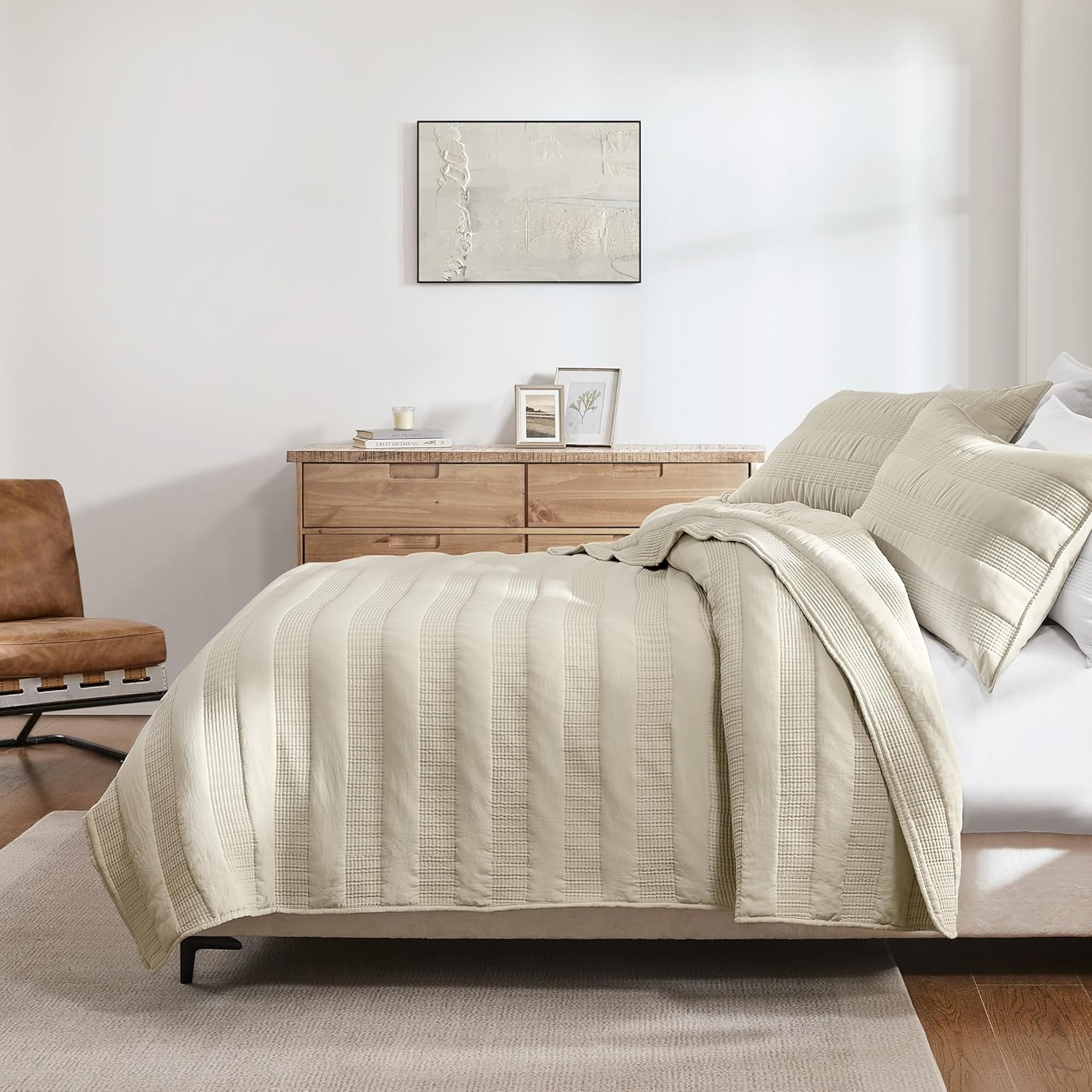 HomeSerene Beige Striped King Quilt Set