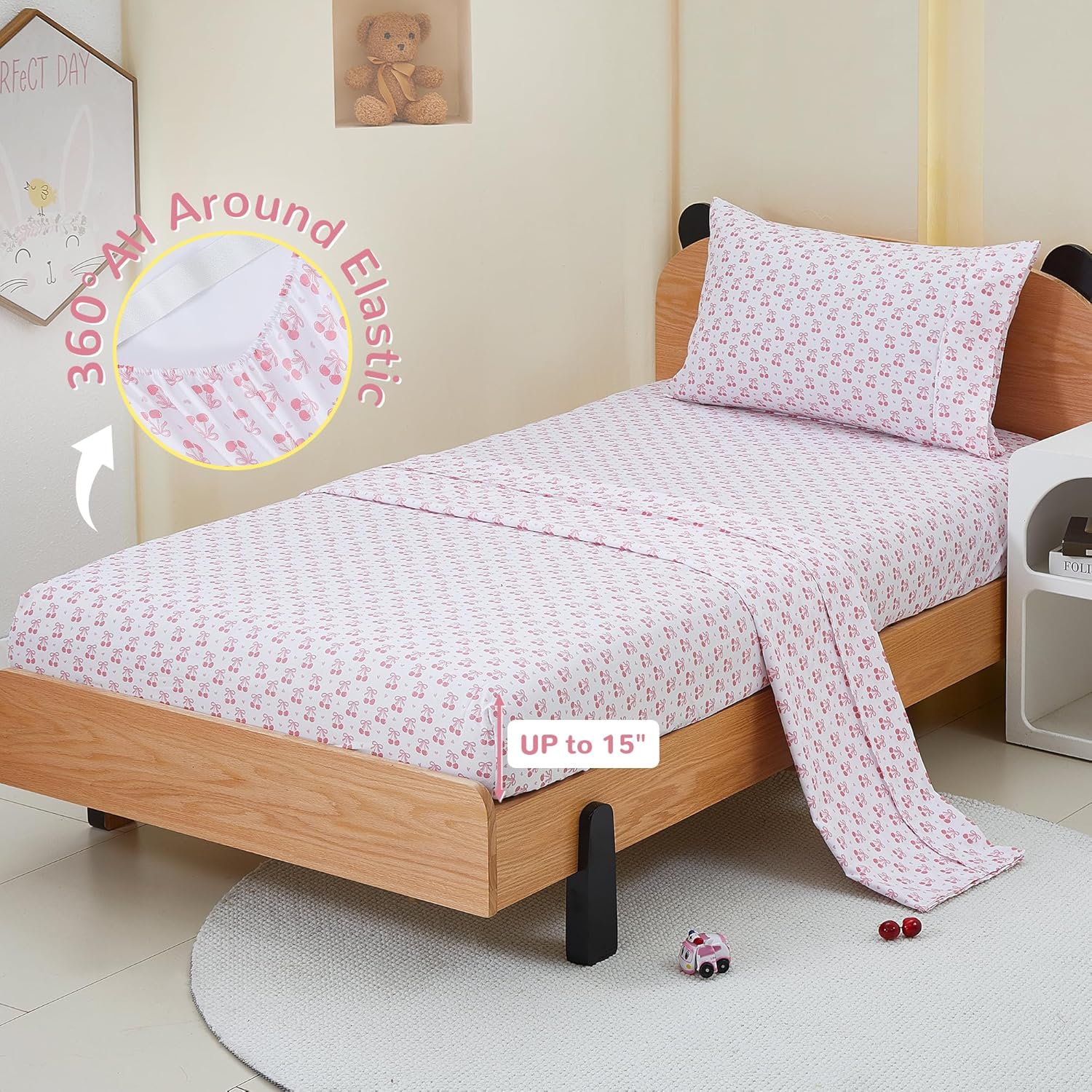 Viviland 3-Piece Pink Cherry Bow Twin Sheet Set