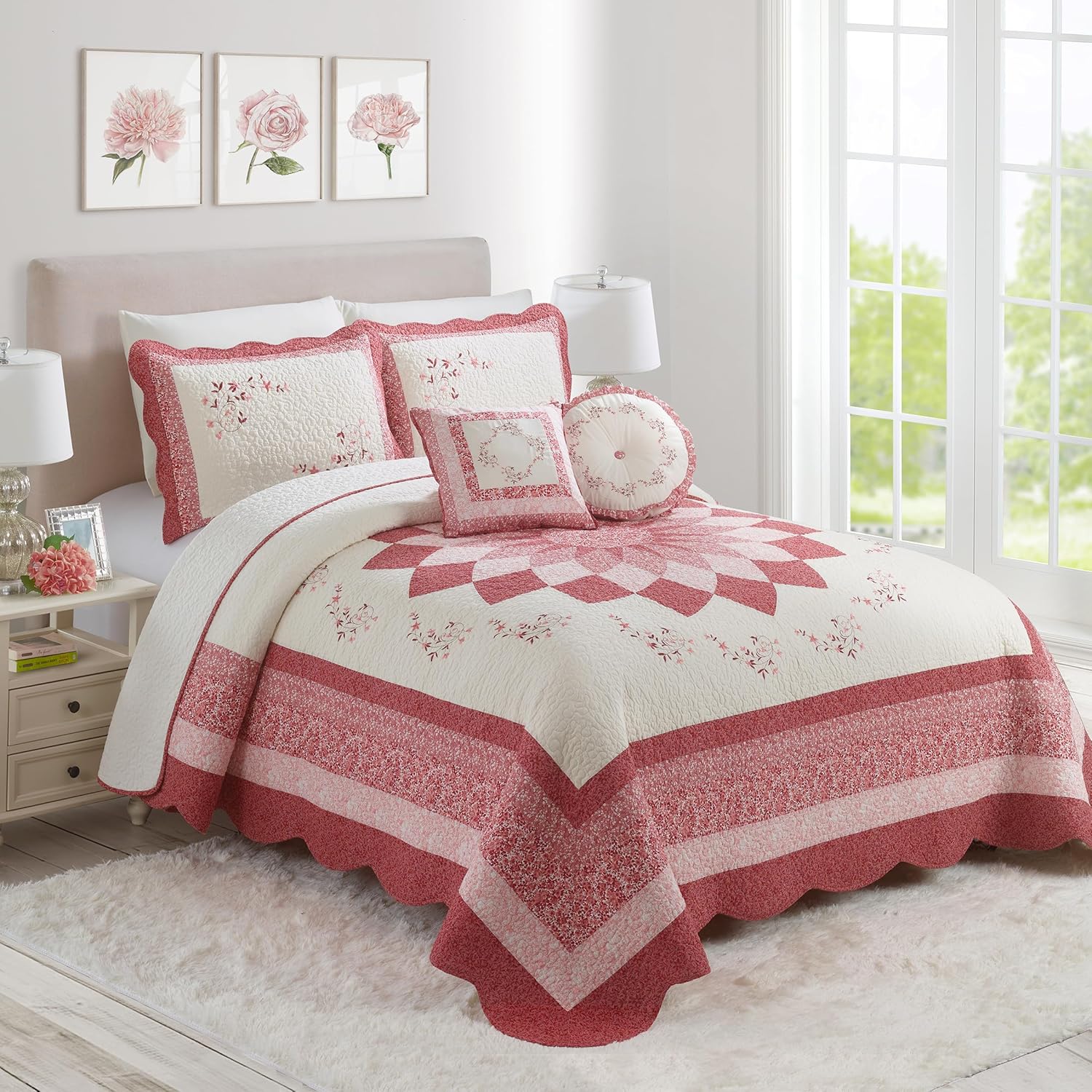 Modern Heirloom Caroline Embroidered Quilted Bedspread - Queen Size Red