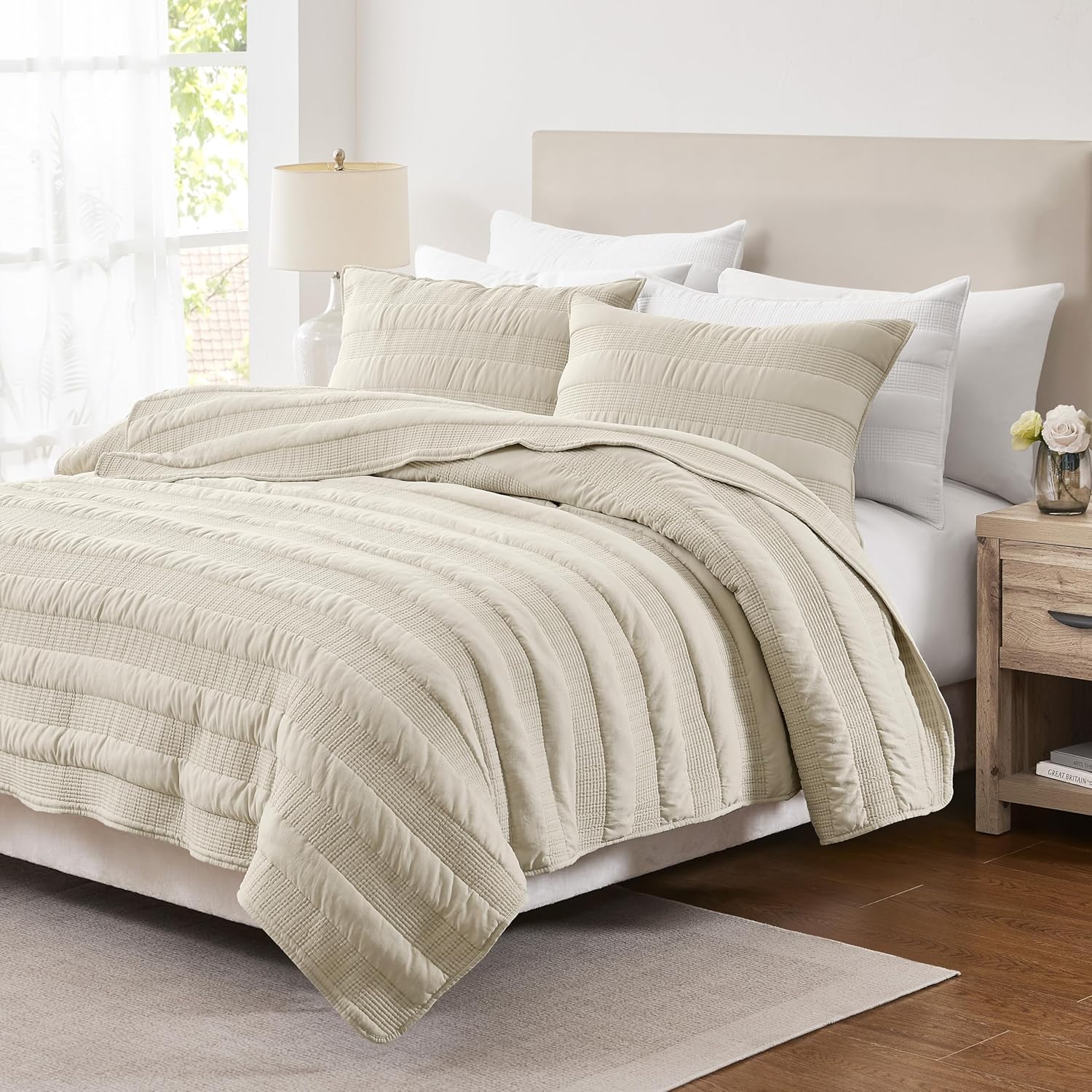 HomeSerene Beige Striped King Quilt Set