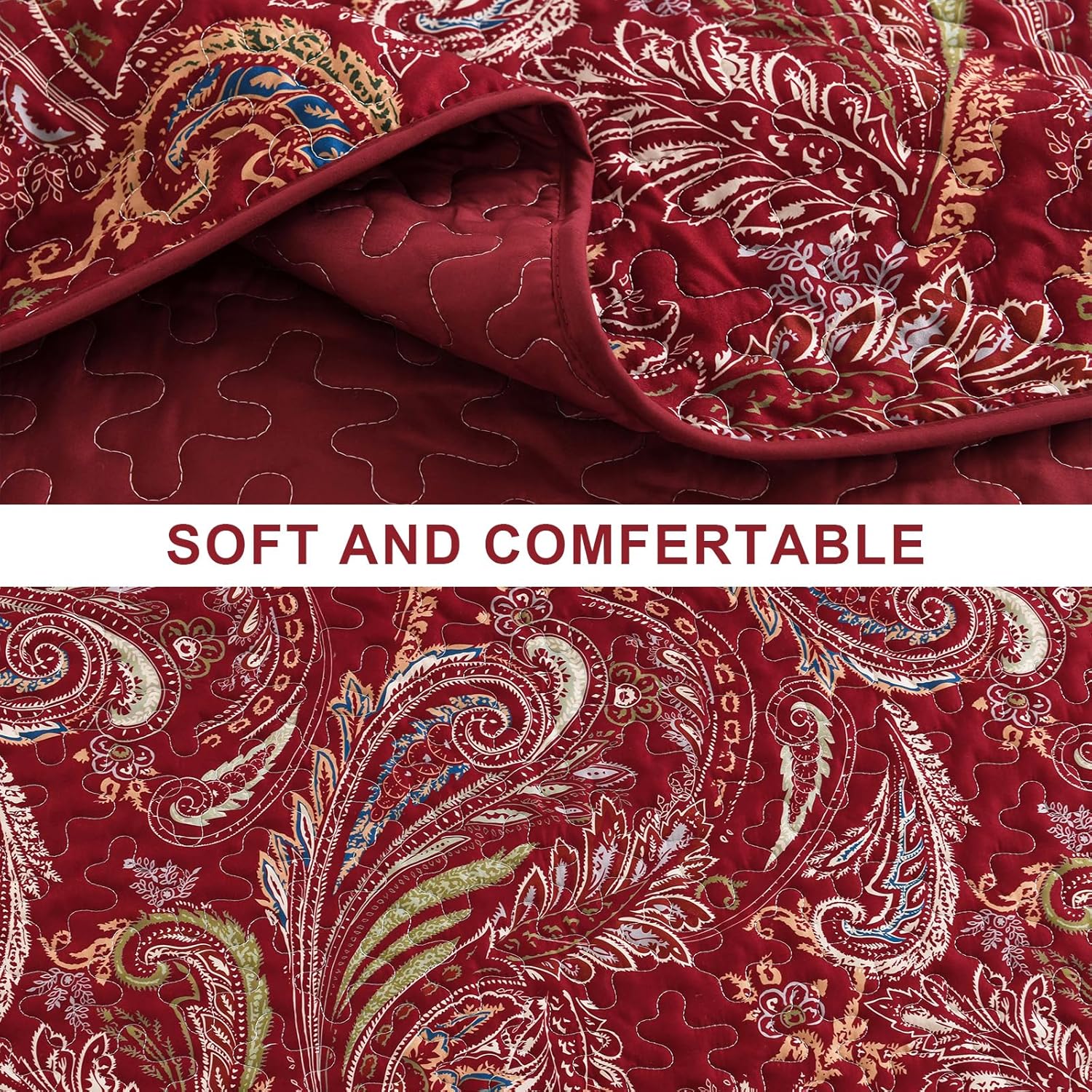 WONGS BEDDING Boho Quilt Set King 3 Piece Red Paisley