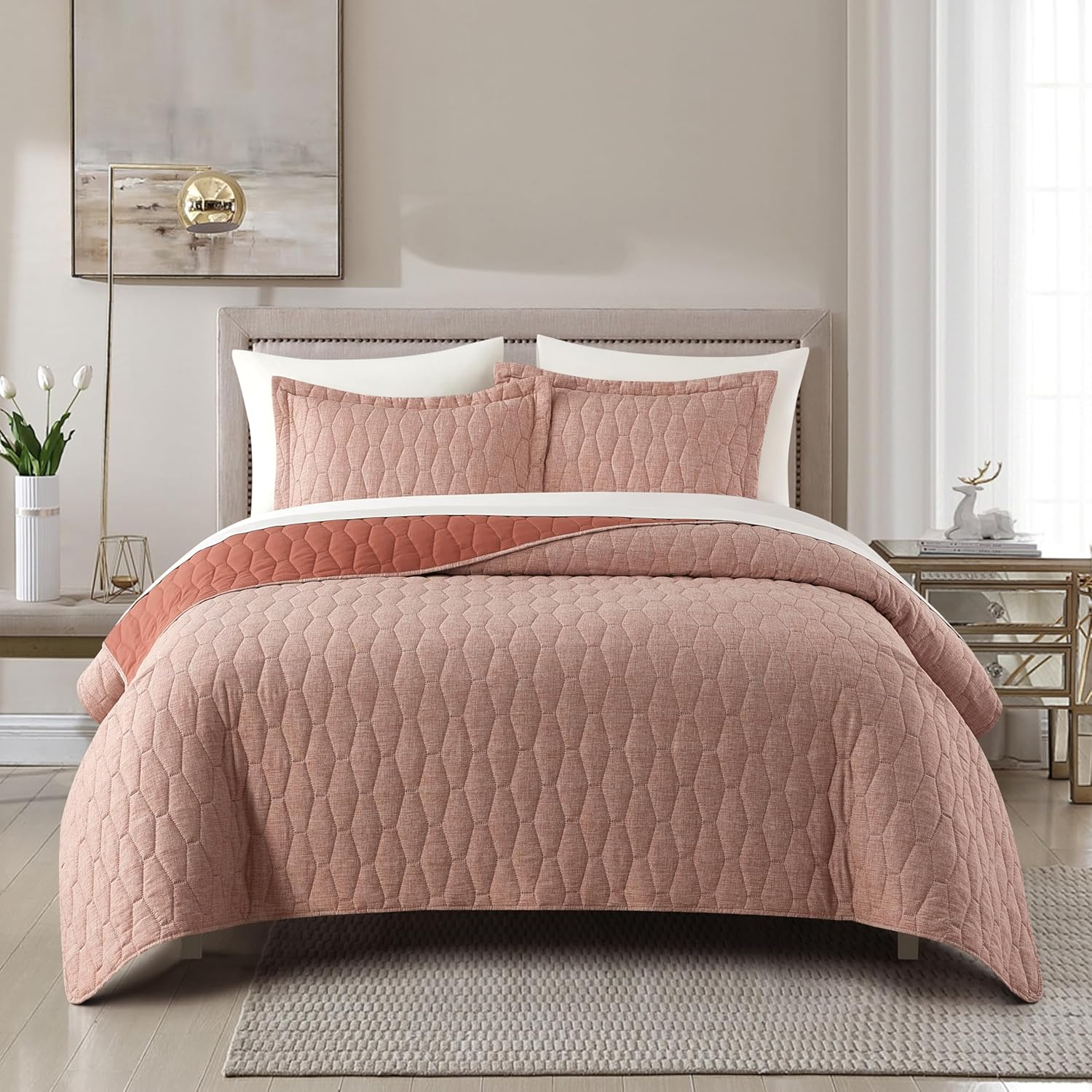 Chic Home Nyla 3-Piece Queen Quilt Set - Brick Red Hexagon Pattern