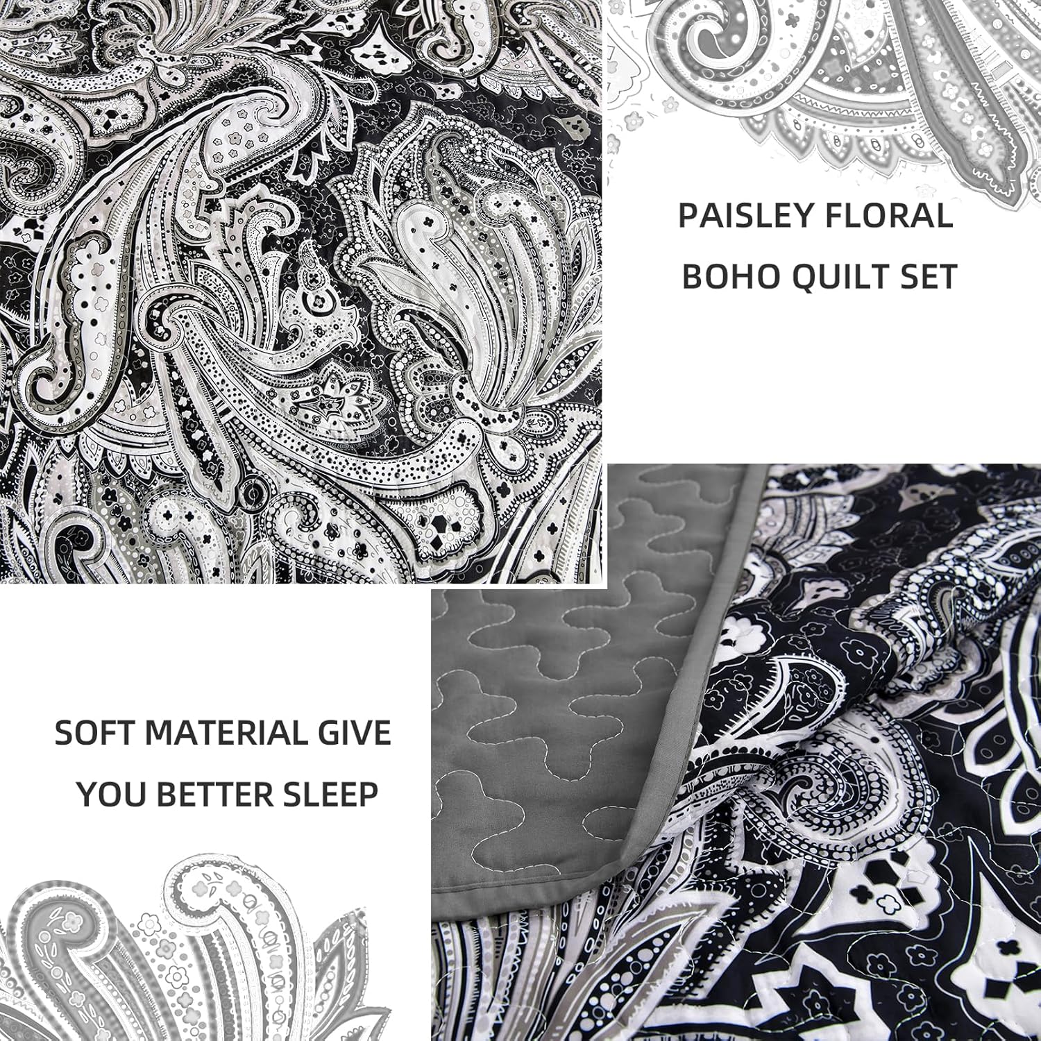 DJY Black Paisley Quilt Set 3 Piece Full Size 1
