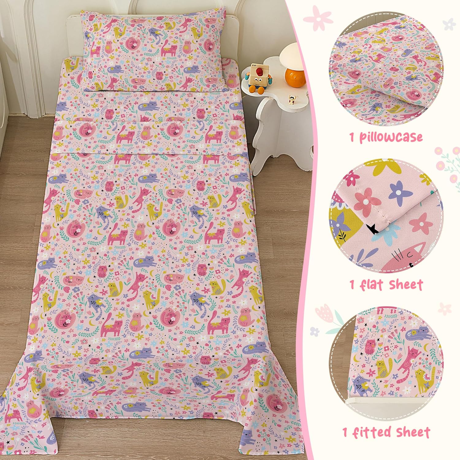 Bedmoon Girls Pink Cat Twin Bed Sheet Set