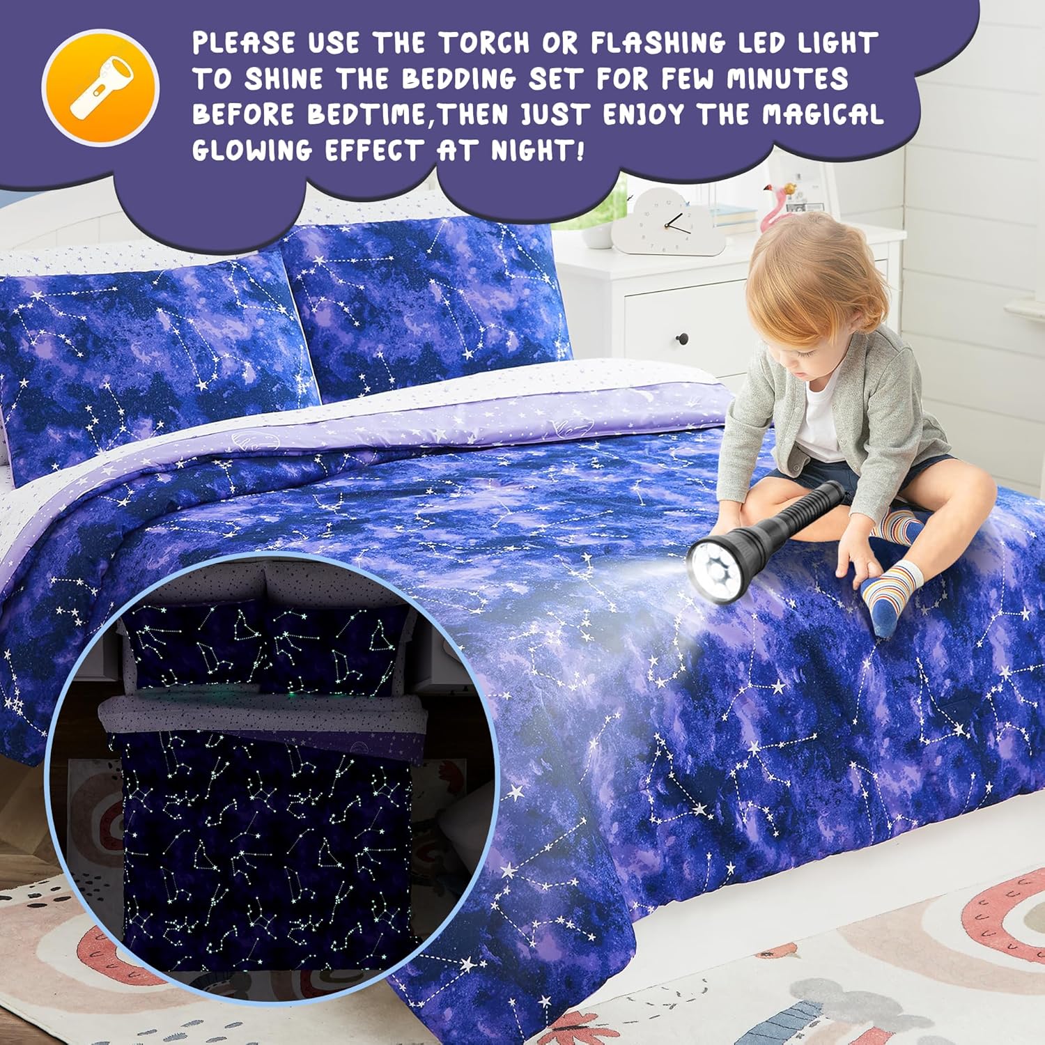 Twin Kids Comforter Set with Glow in the Dark Galaxy Design