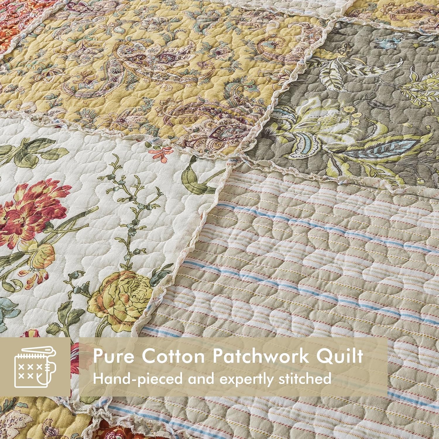 Etwel Queen Quilt Bedding Set Patchwork Lightweight Floragrid Beige Comforter