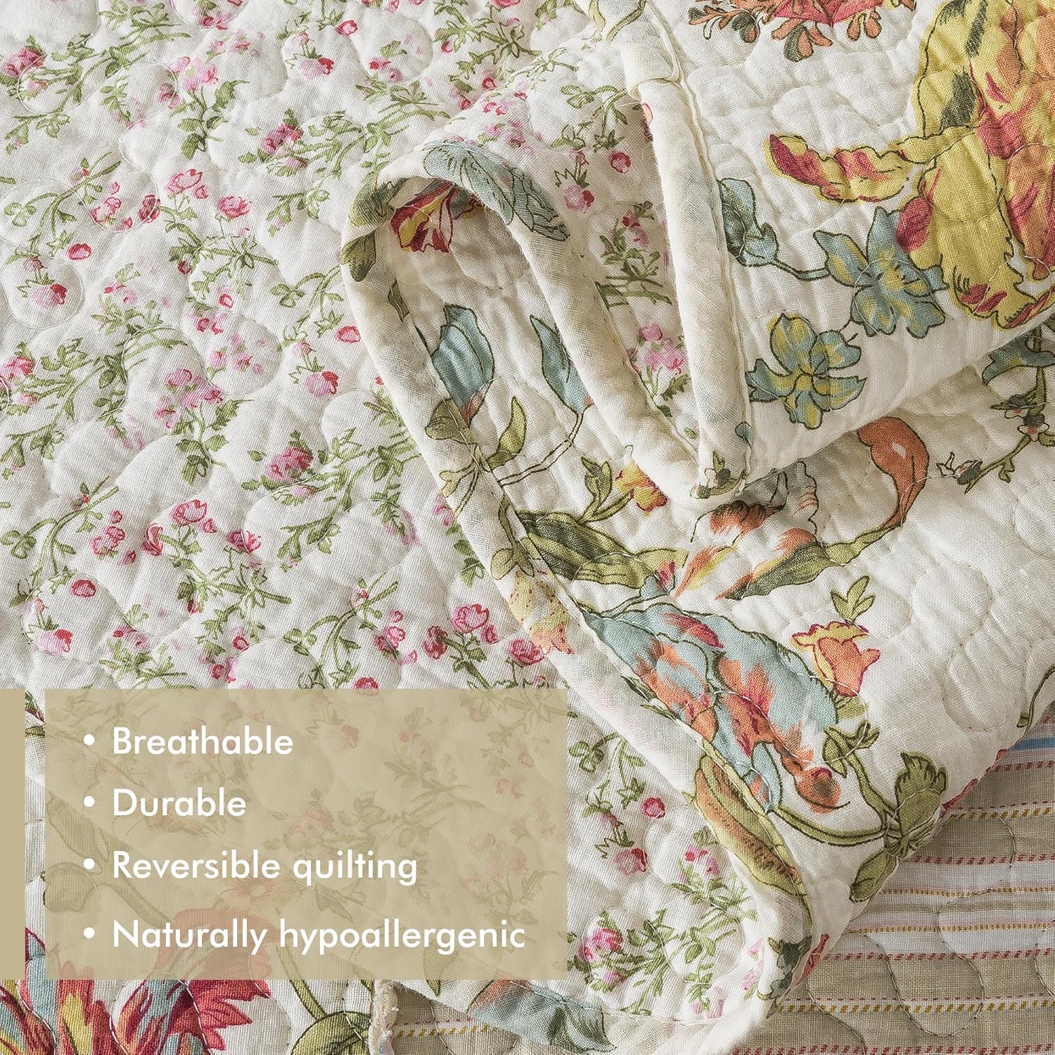 Etwel Queen Quilt Bedding Set Patchwork Lightweight Floragrid Beige Comforter